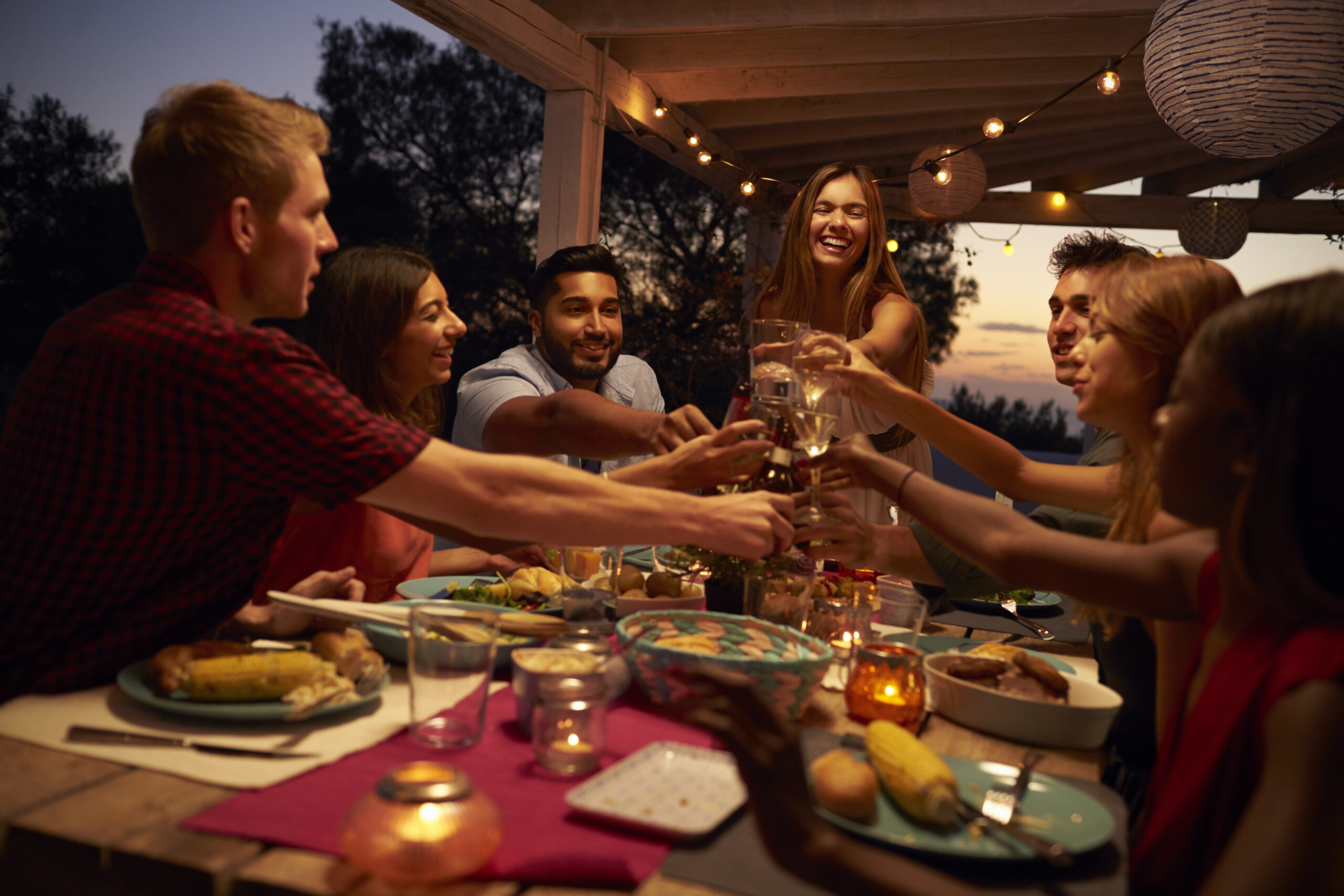 A group of friends and family pictured raising their glasses for a toast at a party | Source: Shutterstock