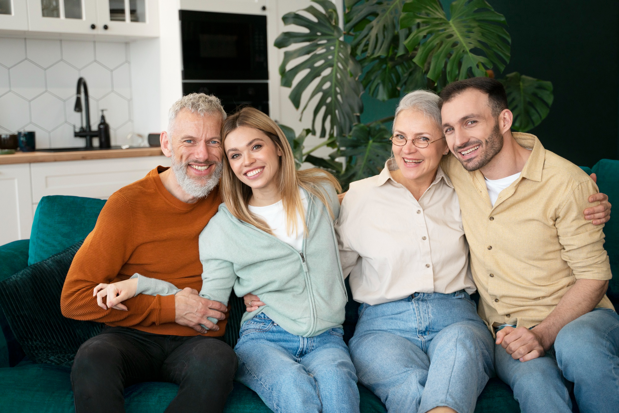 An happy elderly couple embracing two of their adult children | Source: Freepik