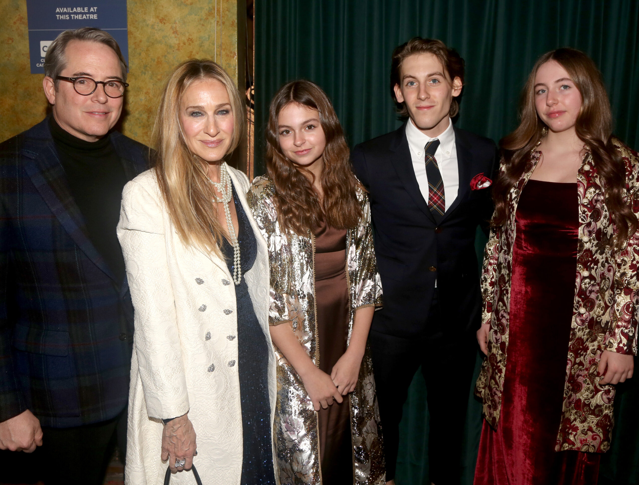 Matthew Broderick, Sarah Jessica Parker, Tabitha, James, and Marion Broderick pose at the opening night of "Some Like It Hot!" on Broadway on December 11, 2022, in New York City.