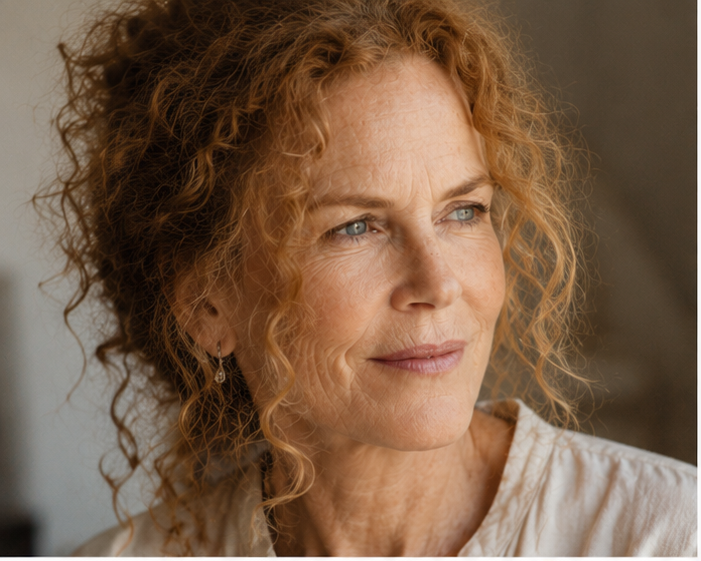 Soft lighting catches the authentic, paper-thin texture of her skin, showing a map of fine lines and natural thinning that reflects a graceful, intervention-free approach to growing older in the spotlight.