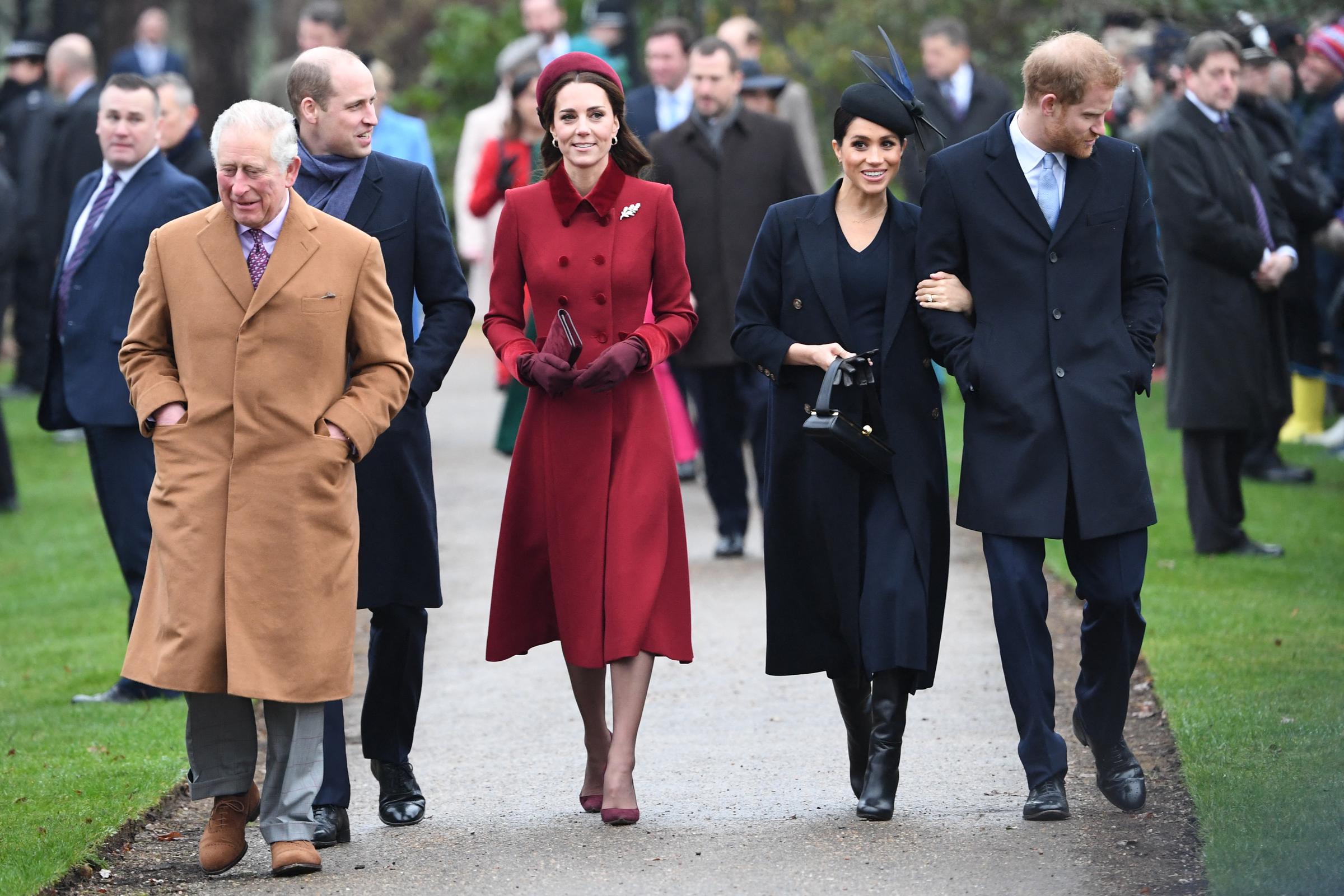 King Charles, Prince William, Princess Catherine, Meghan, Prince Harry, Duke of Sussex arrive for the Royal Family's traditional Christmas Day service at St Mary Magdalene Church in Sandringham, Norfolk, eastern England
