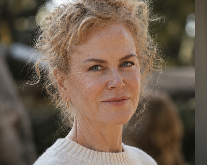 Smiling gently in natural daylight, her face exhibits a completely genuine and mobile cheek volume. This view highlights a soft, freckled complexion featuring authentic laugh lines and crow's feet that move freely with her expression, rejecting any artificial plumpness or lifting.