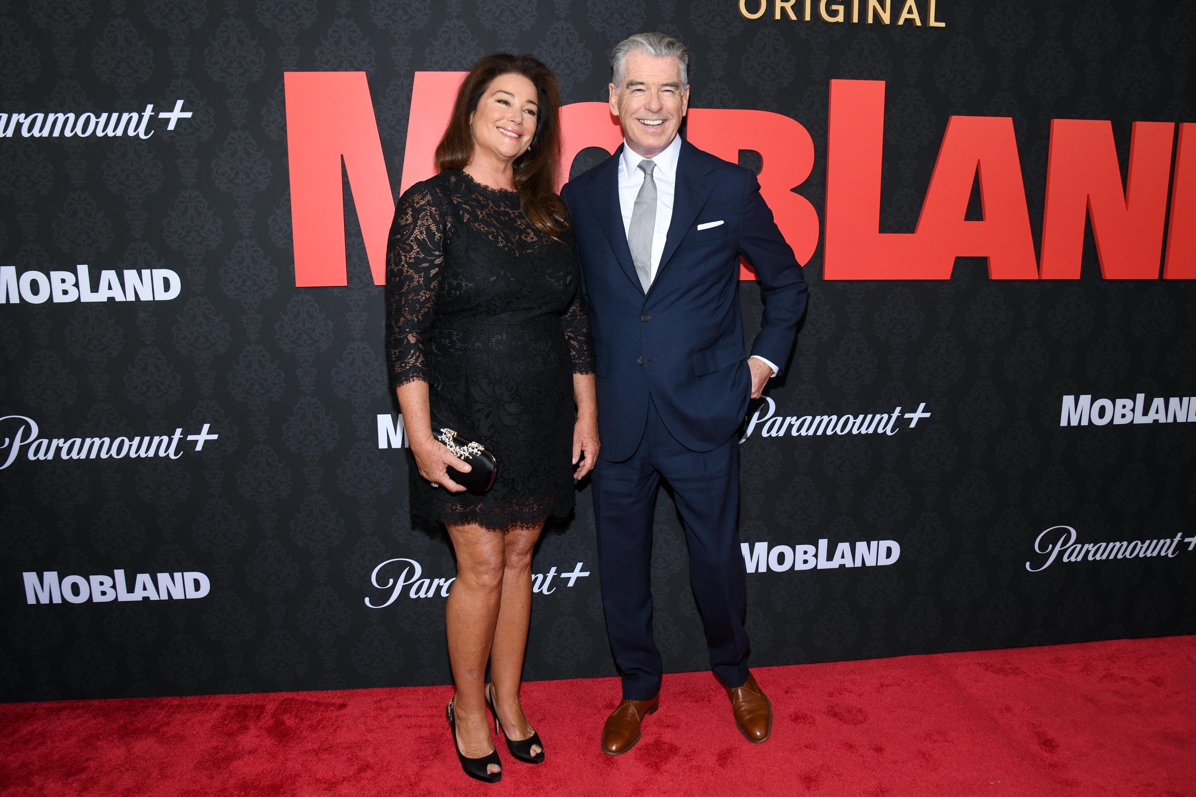 Keely Shaye Smith and Pierce Brosnan at the New York premiere of "MobLand," 2025