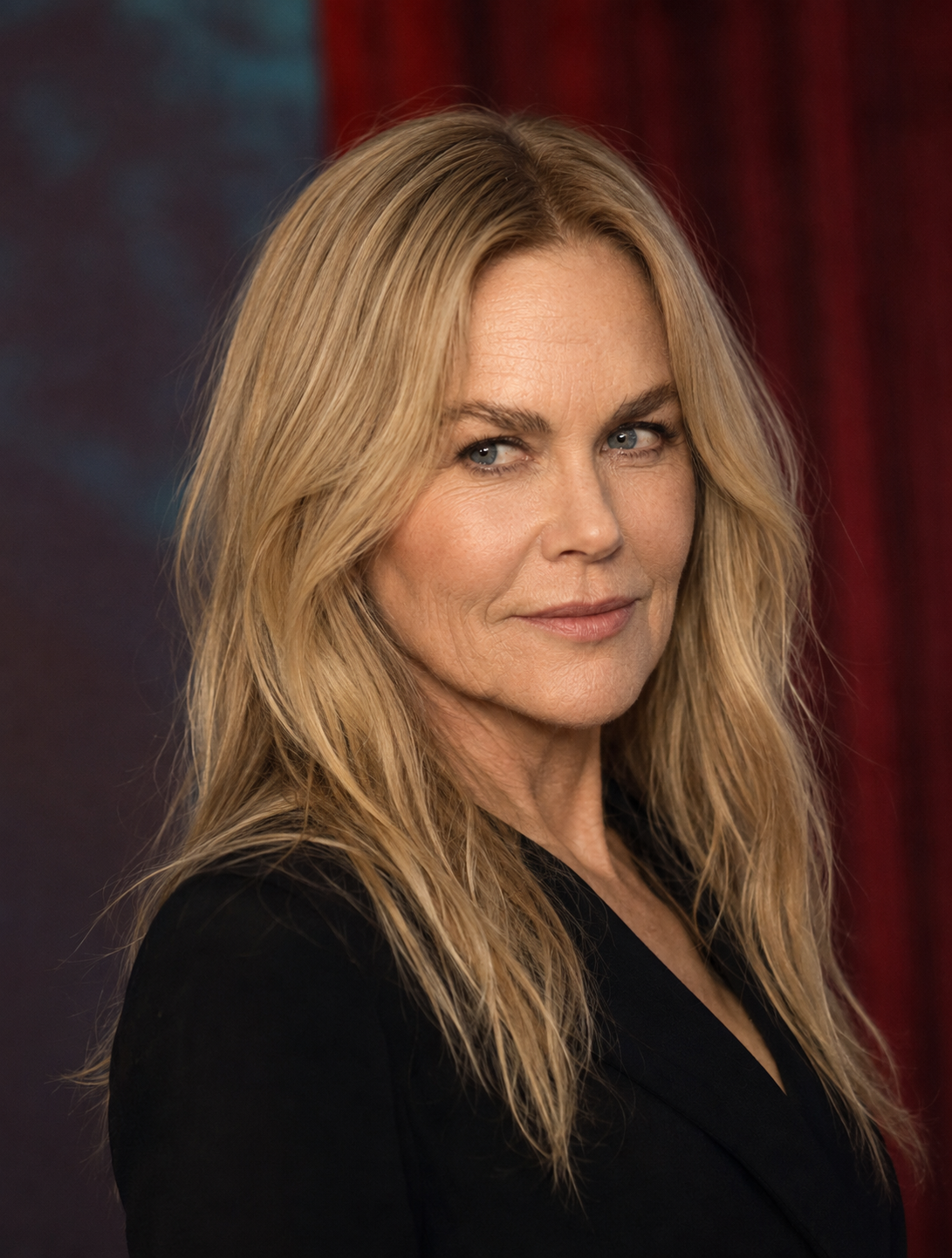 Holding a steady gaze, this contemporary blonde look features deeply etched horizontal forehead lines and authentic texture around the chin and jaw, cementing a powerful image of what an unaltered, beautifully aged Kidman would look like today.