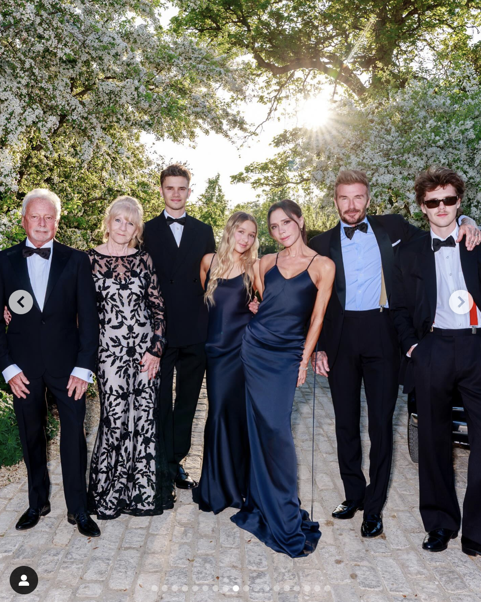 Victoria and David Beckham are seen with their kids, Harper, Romeo, and Cruz, and Victoria's parents Anthony and Jackie Adams, in a photo dated May 4, 2025