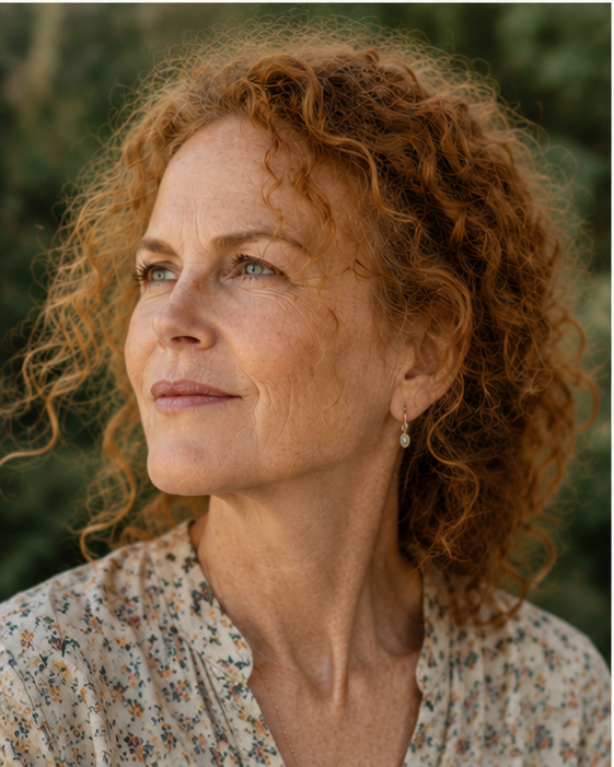 Looking upward, her profile highlights the natural, graceful loss of elasticity in the neck and jawline, paired with soft forehead creases that ground her image in an authentic reality rather than red-carpet preservation.