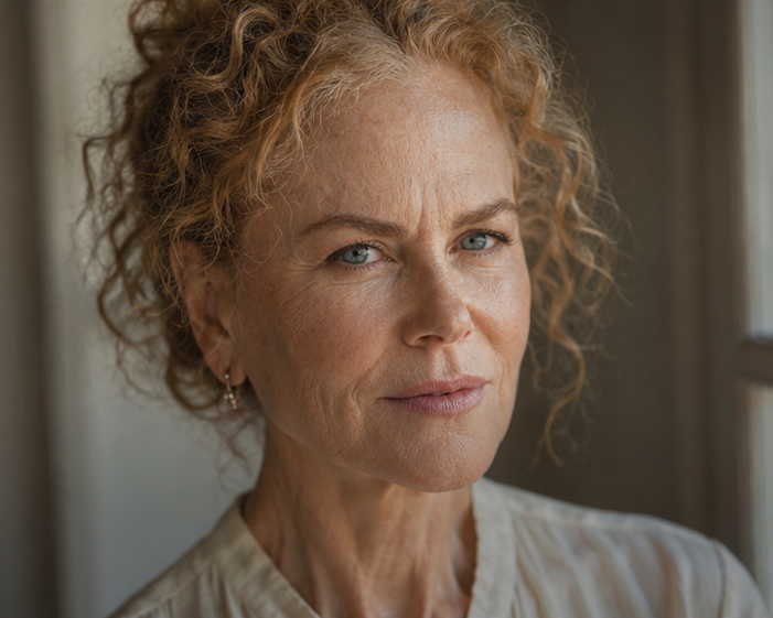 This portrait emphasizes the profound, interconnected web of lines across her face. Deep crow's feet and prominent glabellar lines trace a life fully lived, while the authentic texture and visible loss of elasticity in her neck provide a stark, honest counterpoint to historically frozen red-carpet preservation.