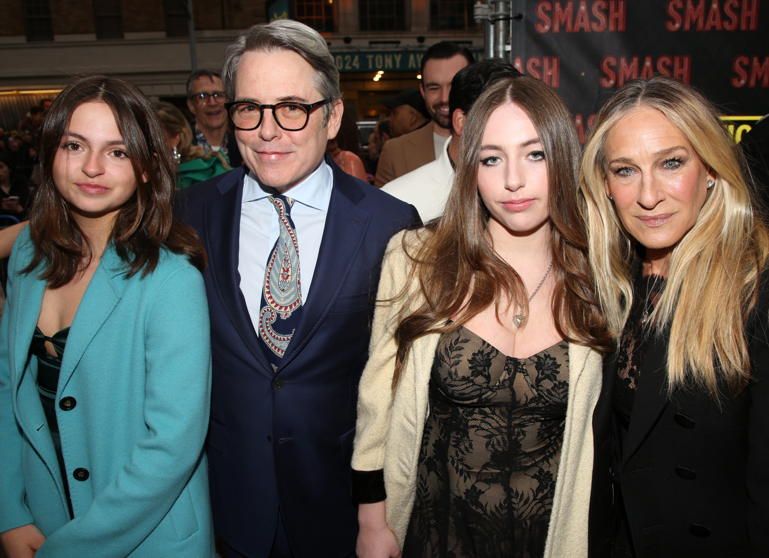 Tabitha Hodge Broderick, Matthew Broderick, Marion Loretta Elwell Broderick, and Sarah Jessica Parker attend the opening night of "Smash" on Broadway in New York City on April 10, 2025.