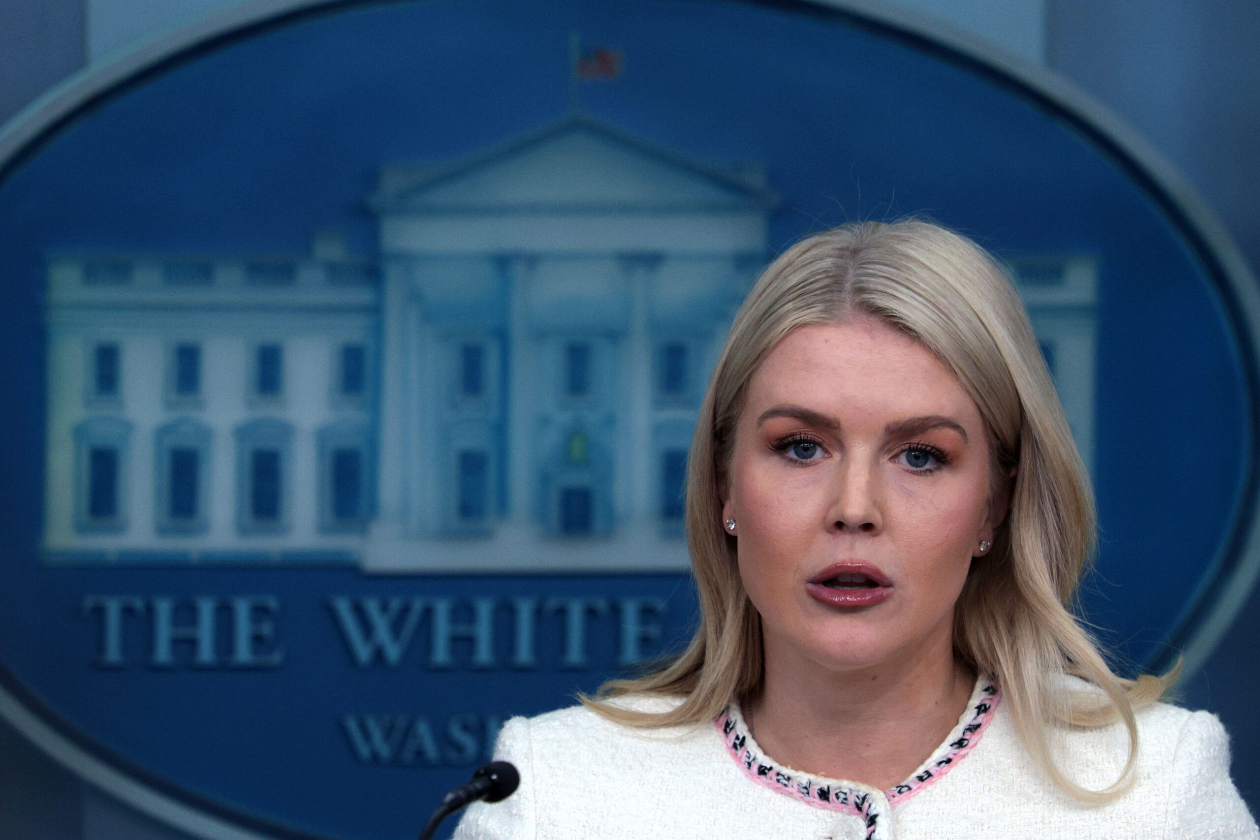 Karoline Leavitt speaks during the daily news briefing at the James Brady Press Briefing Room in Washington, DC on October 23, 2025