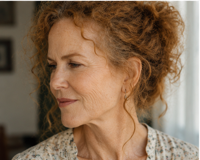 Captured from the side, the subtle, realistic sagging around the jawline and the prominent expression lines tracing down her neck show the true, unbothered progression of time on fair, delicate skin.