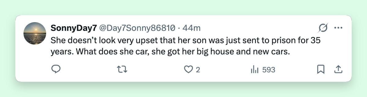 As the family's home and vehicles became part of the online conversation, some users tied those images to the legal fallout. The criticism grew sharper as commenters compared the family's visible lifestyle with the seriousness of Karmelo's sentence.
