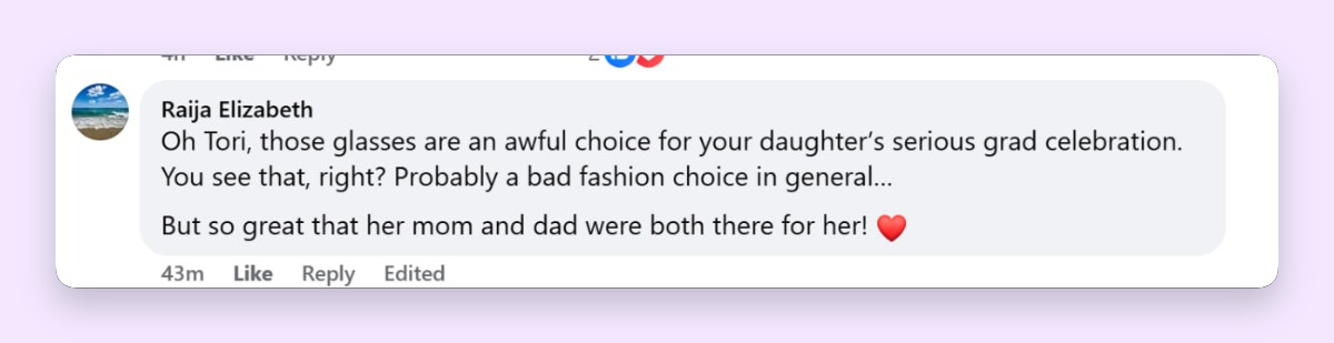 Some viewers criticized Tori Spelling's graduation-day styling, but even the sharper comments acknowledged the importance of both parents showing up for their daughter. One person wrote, "But so great that her mom and dad were both there for her! ❤️."