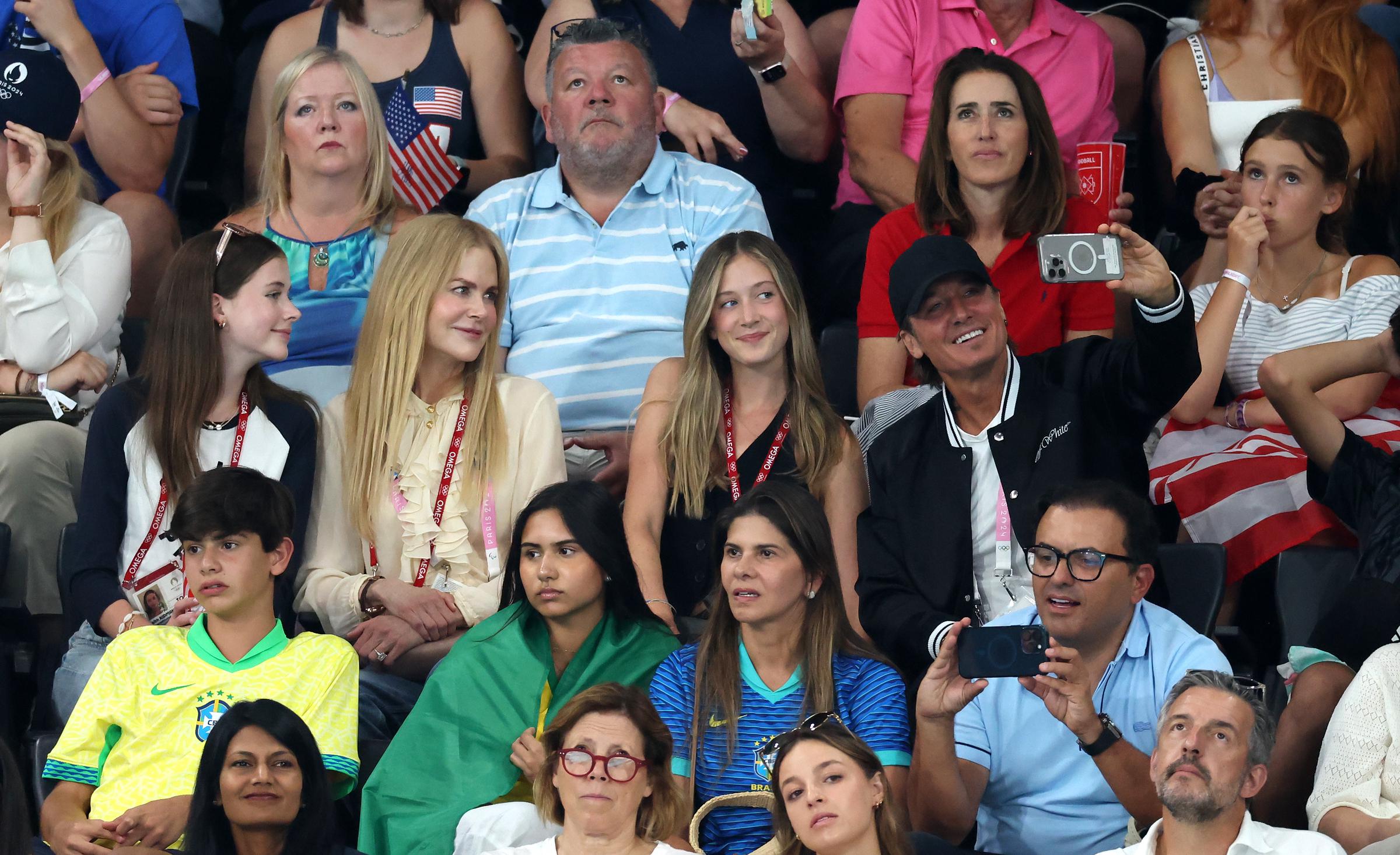 Nicole Kidman and Keith Urban with their daughters, Faith and Sunday Kidman-Urban, at the Olympic Games in Paris, France on July 30, 2024.