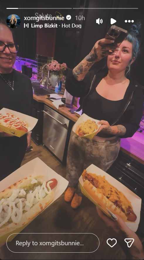 Bunnie XO posted an Instagram Story showing a playful hot dog toast with friends. The video did not address Jelly Roll, their divorce, or the speculation surrounding their relationship.