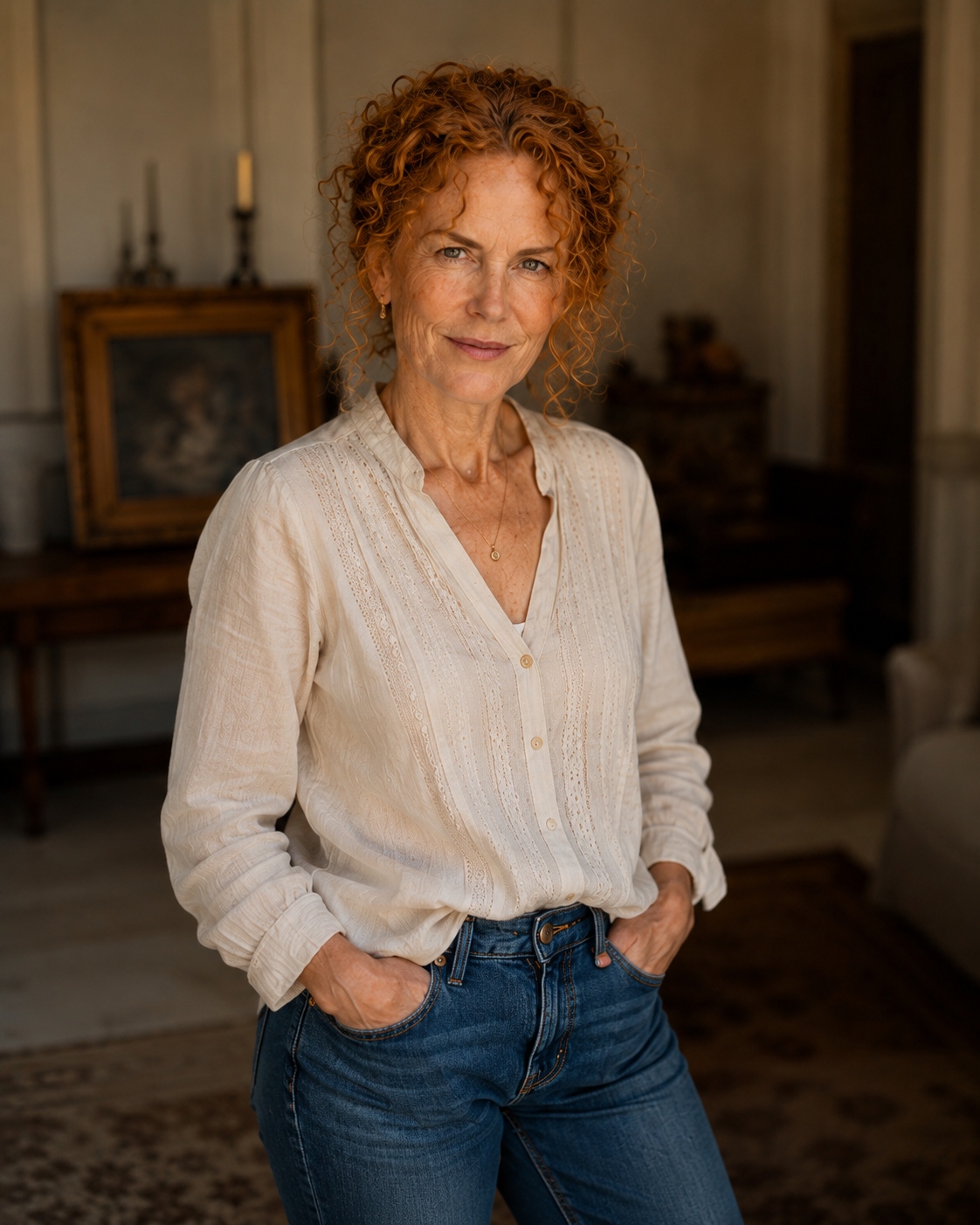 This direct, steady gaze offers a bold look at the natural volume loss in the cheeks and under the eyes that would define her mature features. The complexion is a map of realistic texture and authentic expression lines, especially in the brow and around the eyes, cementing a powerful image of what an unaltered mature Kidman would embody.