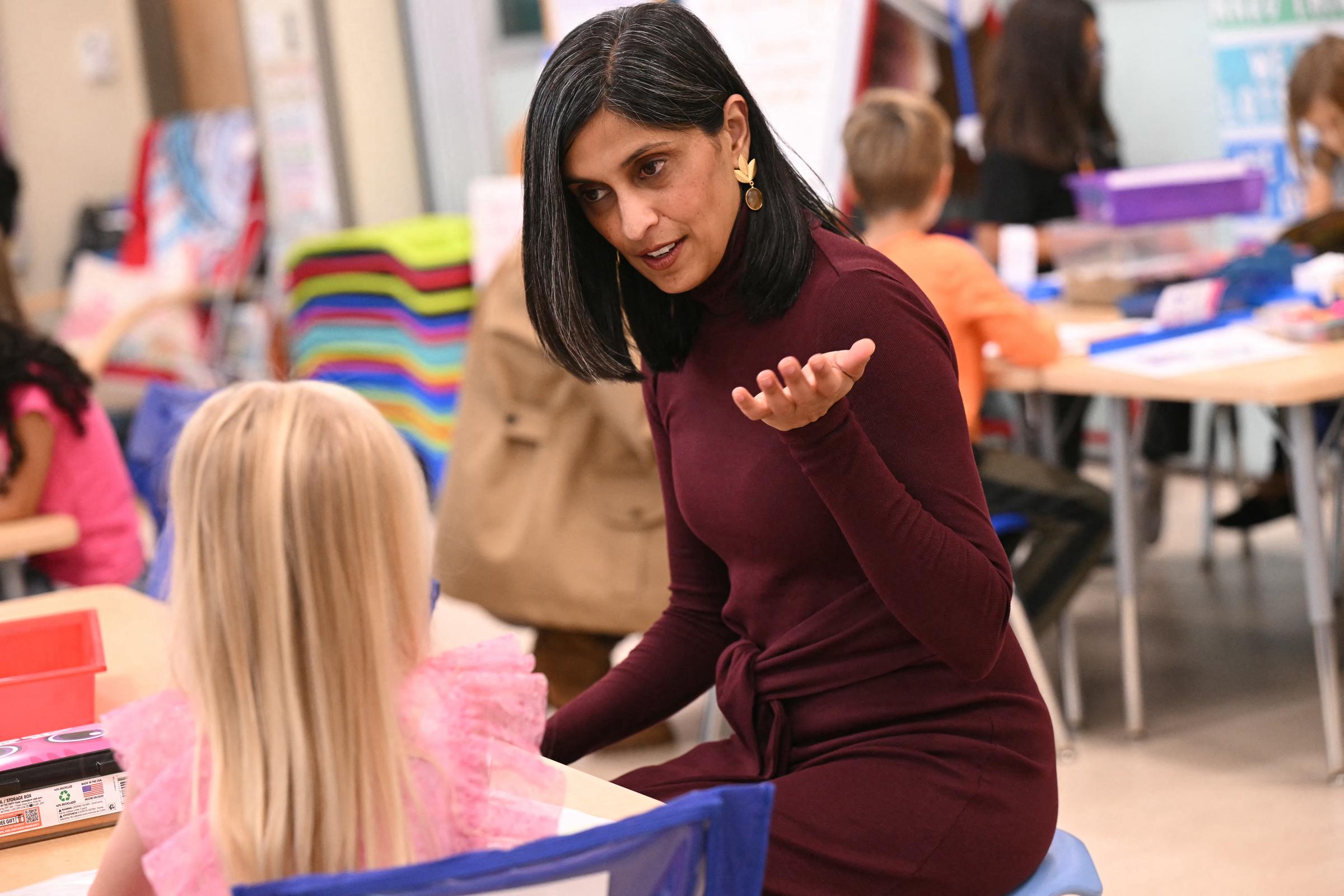 Usha Vance speaks with students at DeLalio Elementary School at Marine Corps Air Station New River in Jacksonville, North Carolina, November 19, 2025.