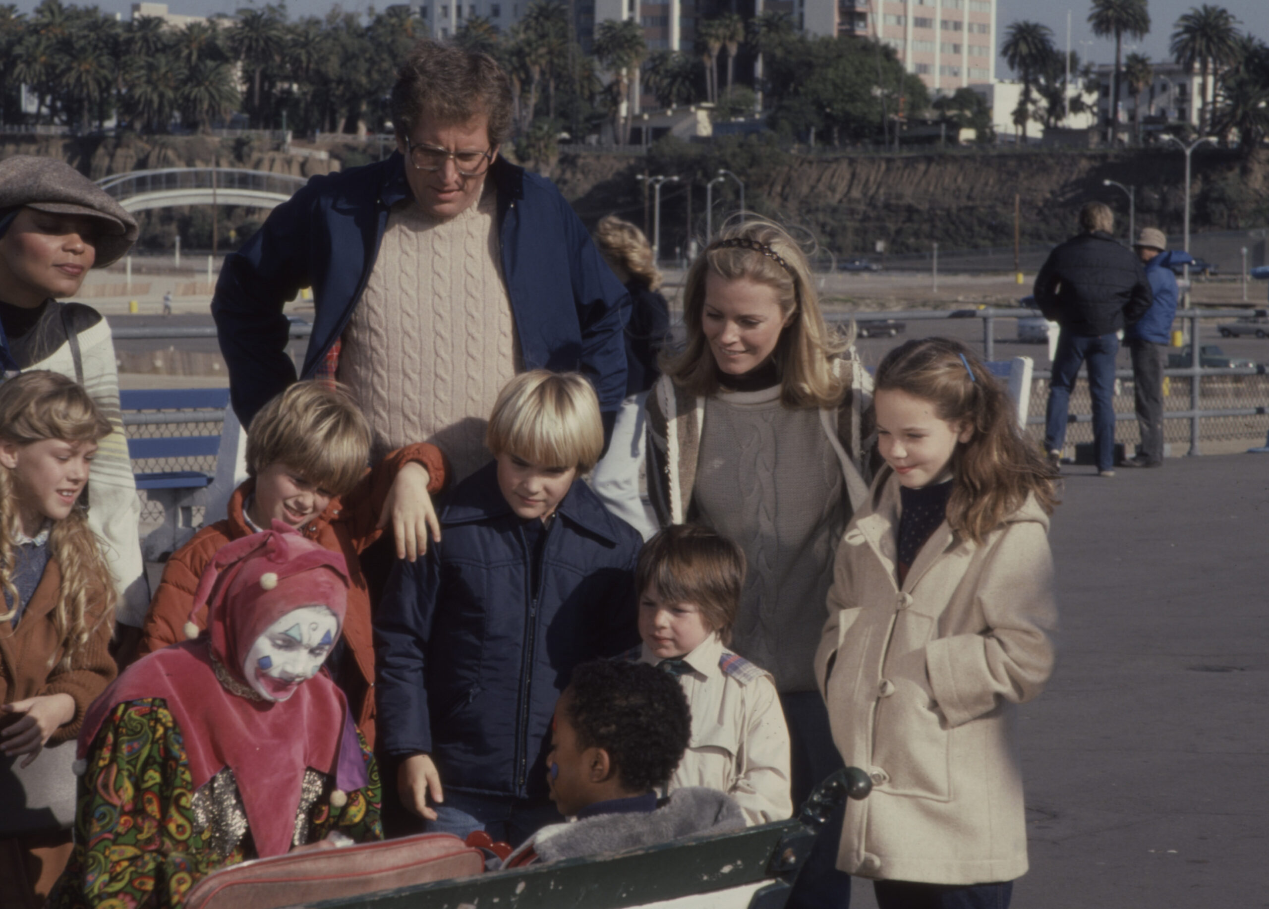 Granville Van Dusen, Cheryl Ladd, the child star, Joshua Harris, Jennie Gassman, and extras appearing in the ABC TV movie "A Death in California" on May 12, 1985