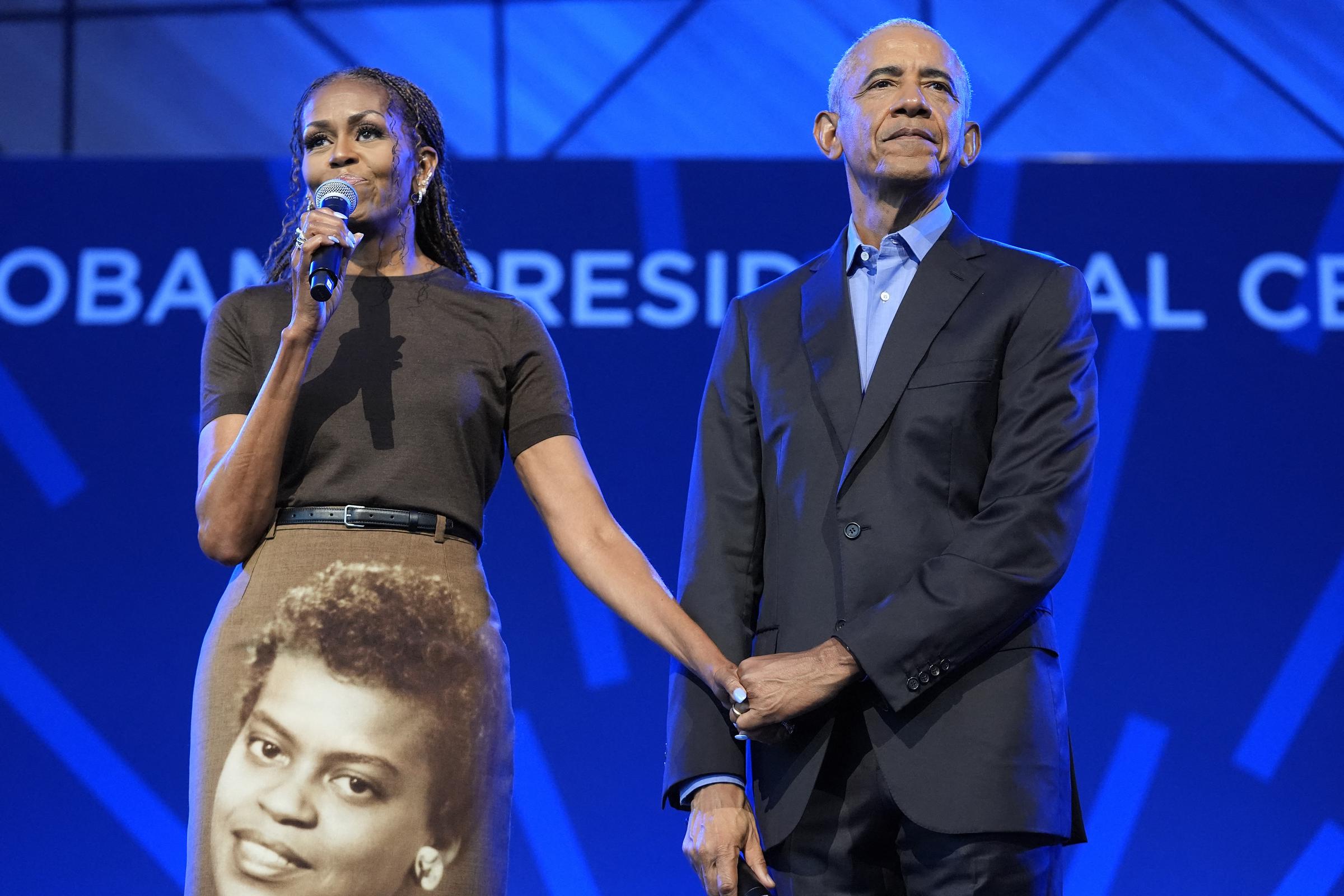 Michelle said the skirt featured her favorite portrait of her mother, Marian Robinson. She added that Marian would have been proud of Barack and the work being done for Chicago's South Side.