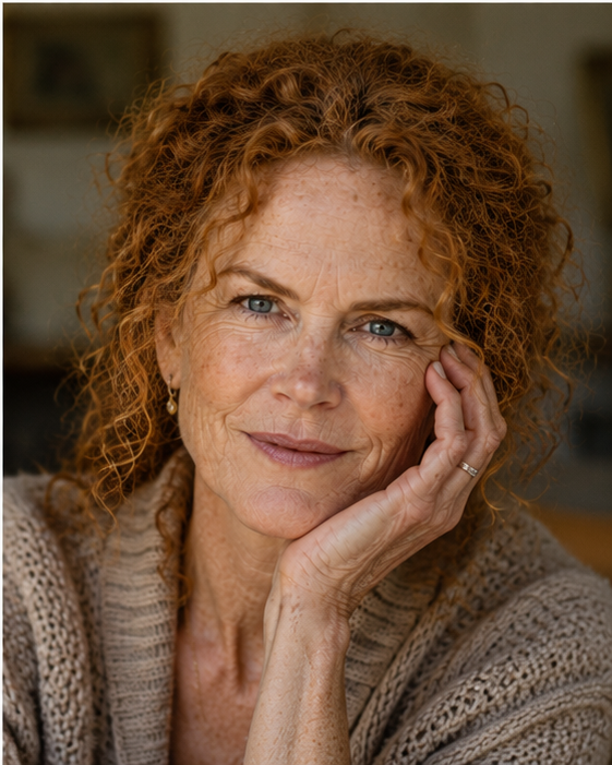 Her signature coppery curls return alongside a beautifully weathered, freckled complexion. The deep, prominent laugh lines and pronounced crow's feet showcase the rich, untouched texture of a face allowed to move and age with total freedom.