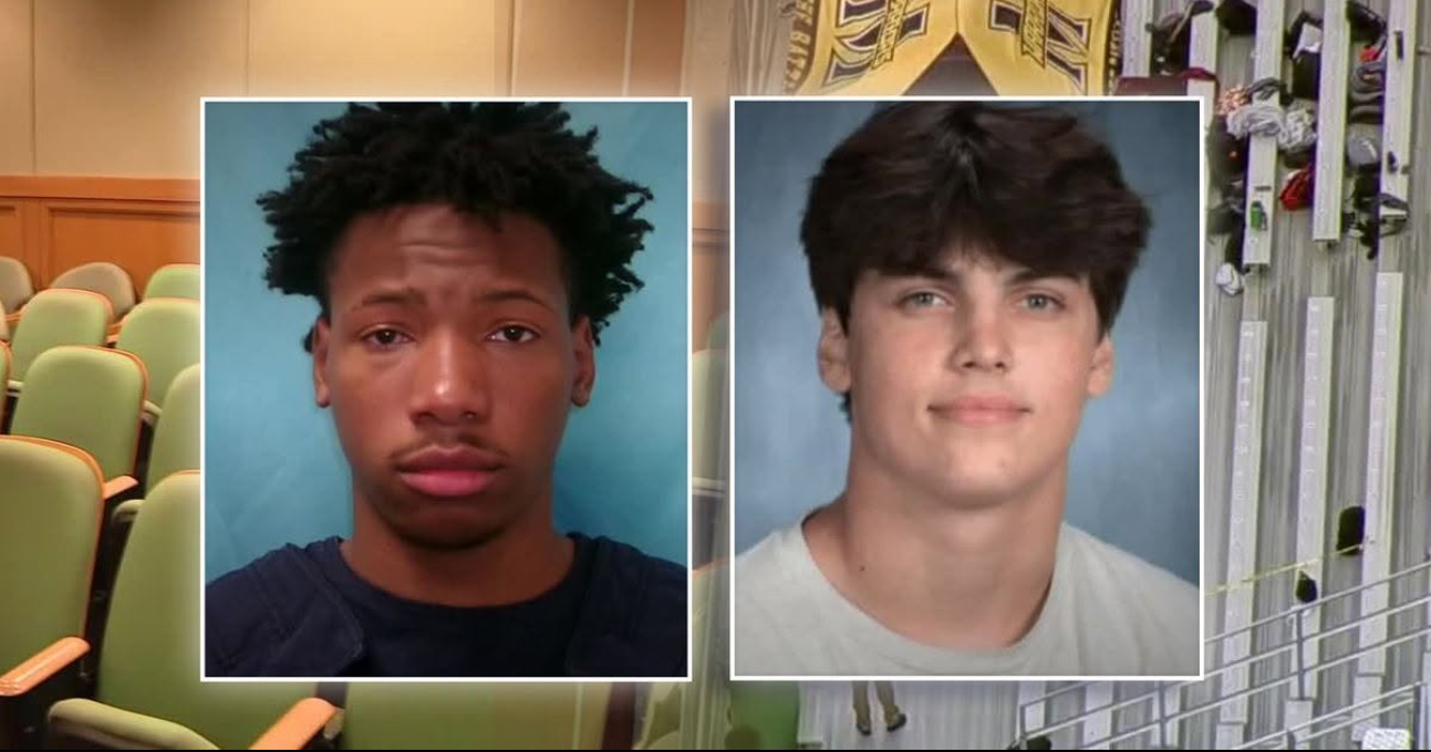 Karmelo Anthony (left) and Austin Metcalf (right) are seen in photos displayed during coverage of the Texas teen's murder case, which has drawn renewed attention following the release of 911 recordings, bodycam footage, and Anthony's decision to hire a new legal team to pursue an appeal.