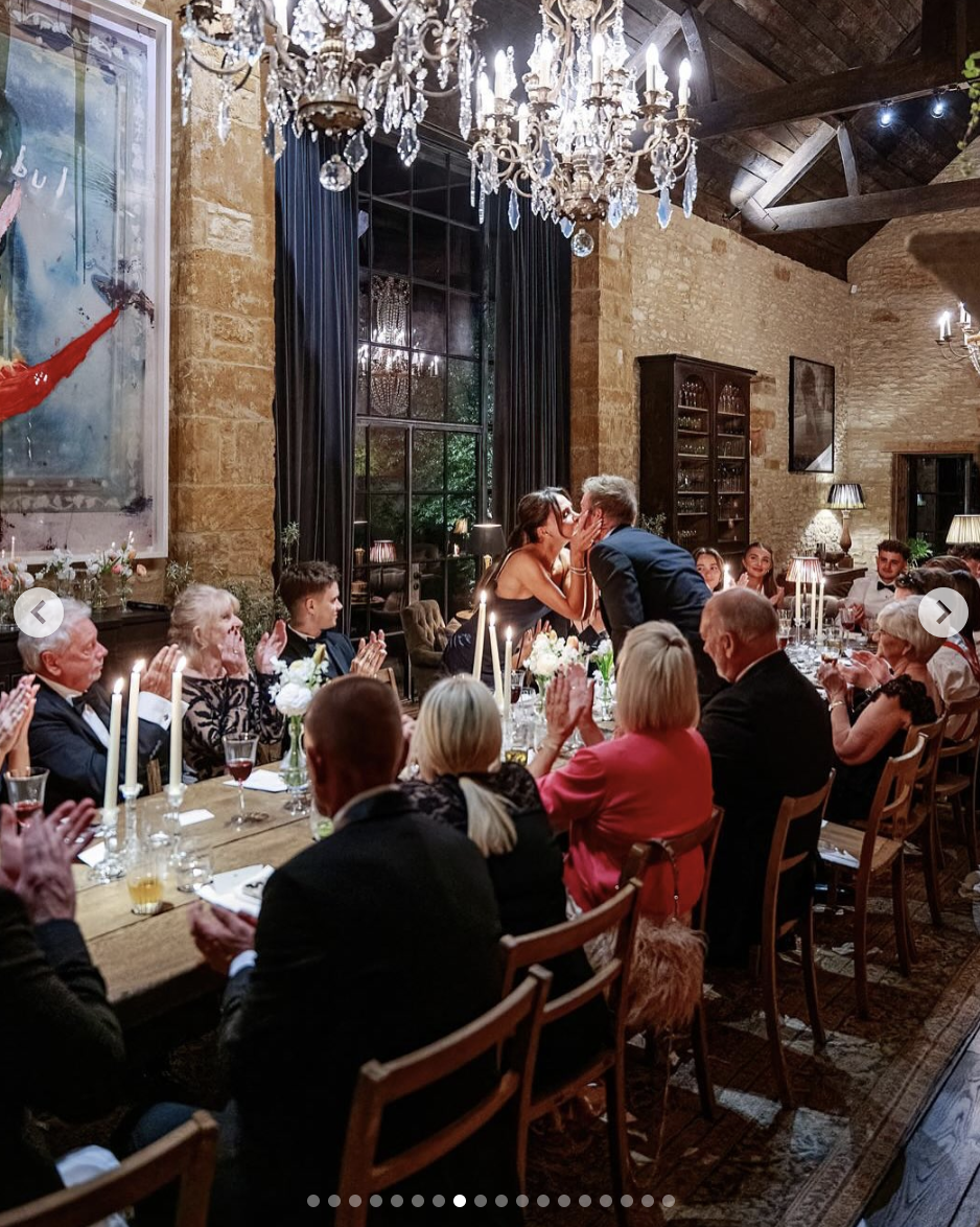 Victoria and David Beckham share a kiss during his 50th birthday celebration dinner, as seen in a photo dated May 4, 2025