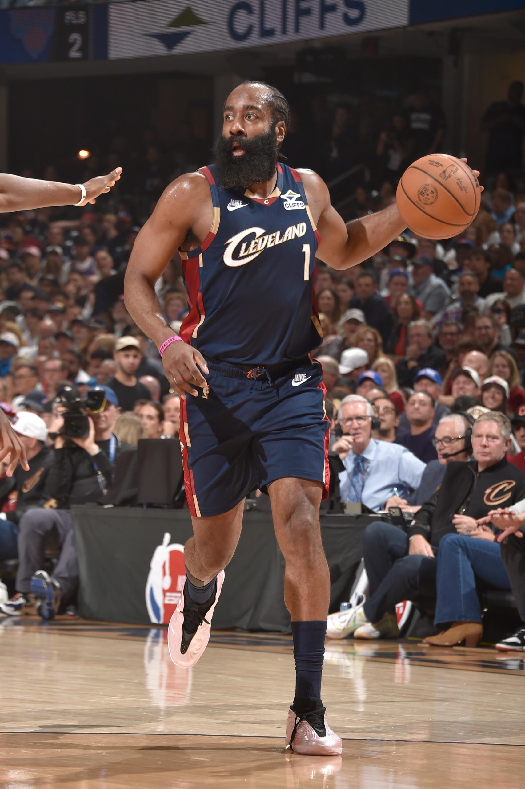 James Harden of the Cleveland Cavaliers handles the ball during the game against the New York Knicks.