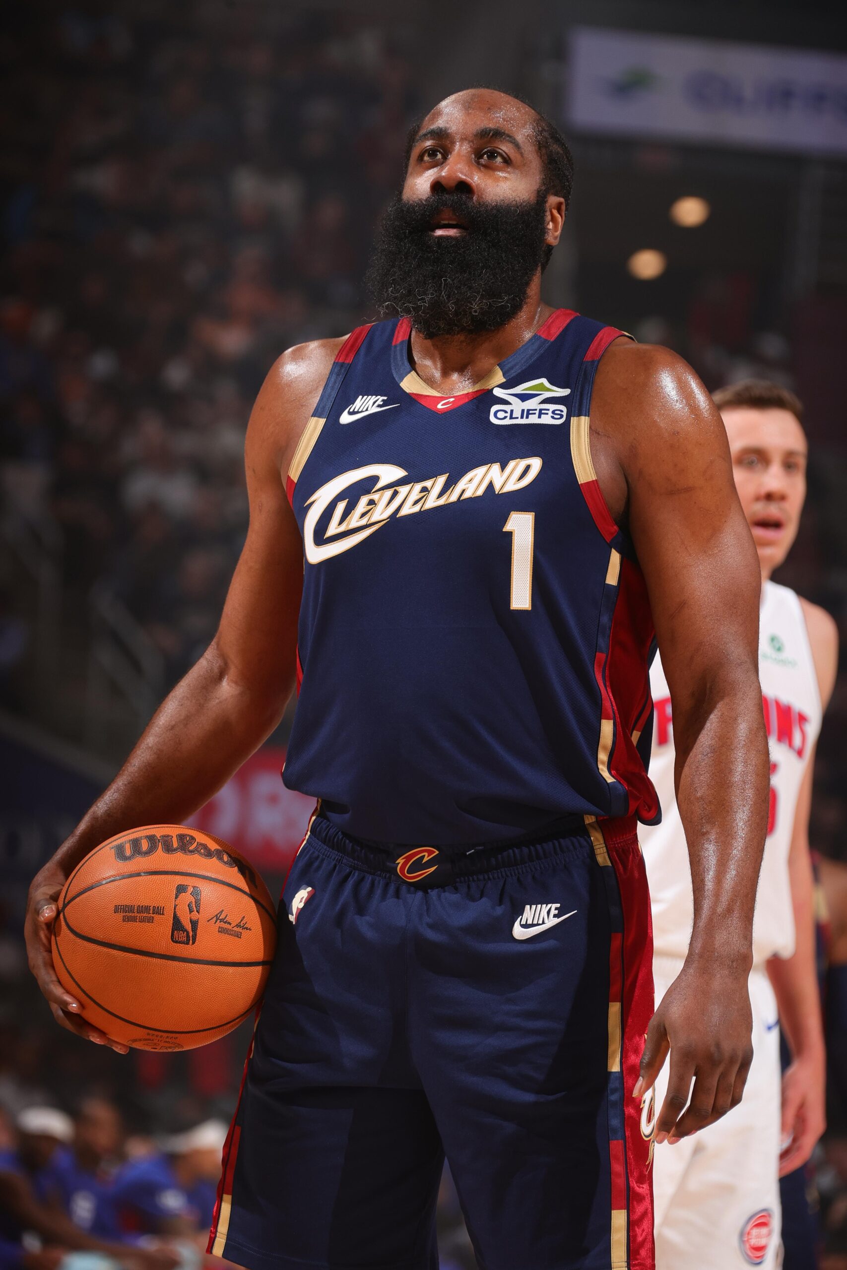 James Harden #1 of the Cleveland Cavaliers holding a basketball.