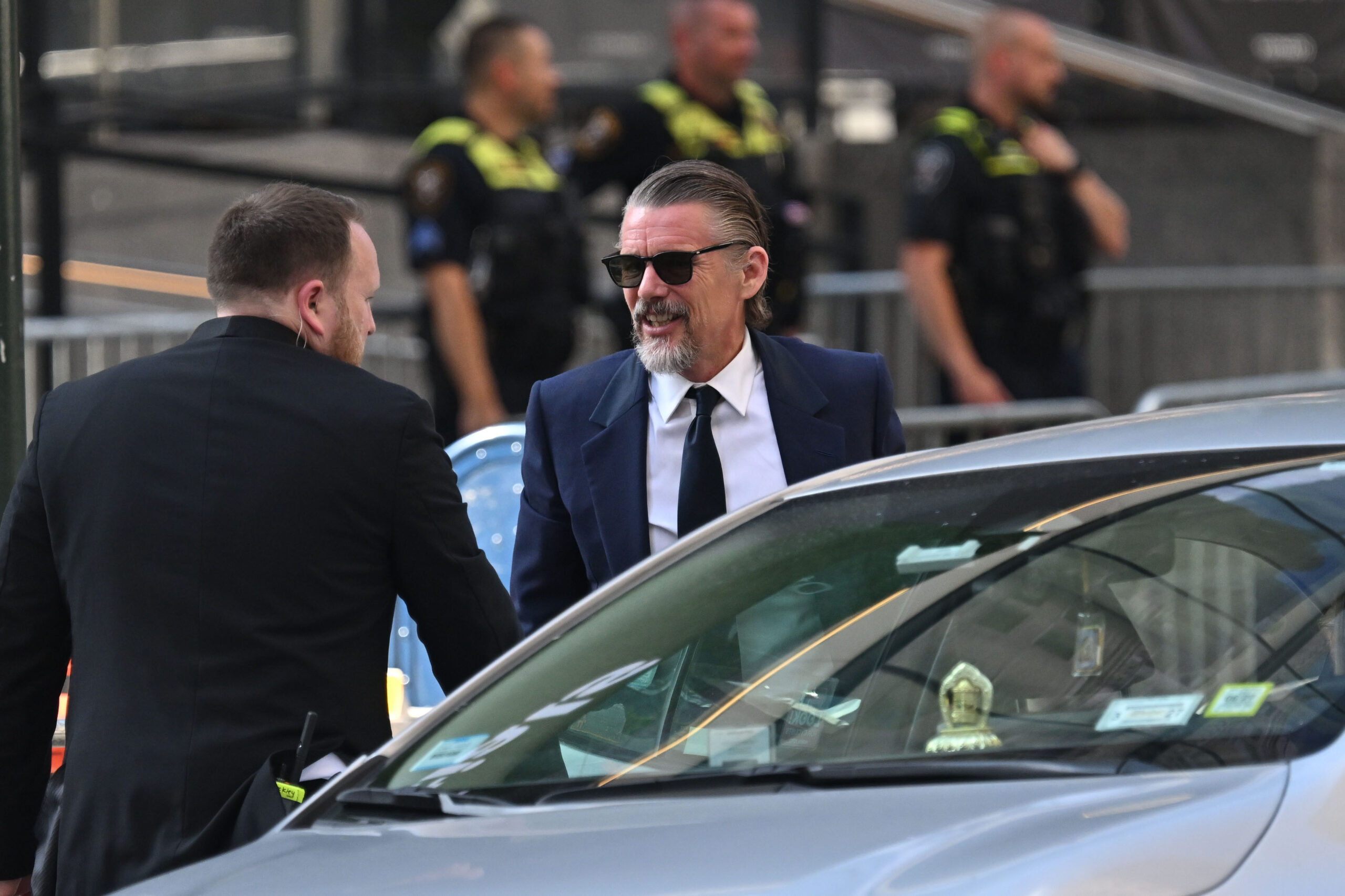 Ethan Hawke arrives at Madison Square Garden on July 3, 2026, for Taylor Swift and Travis Kelce's wedding. Vogue reported that the actor was among the couple's guests.