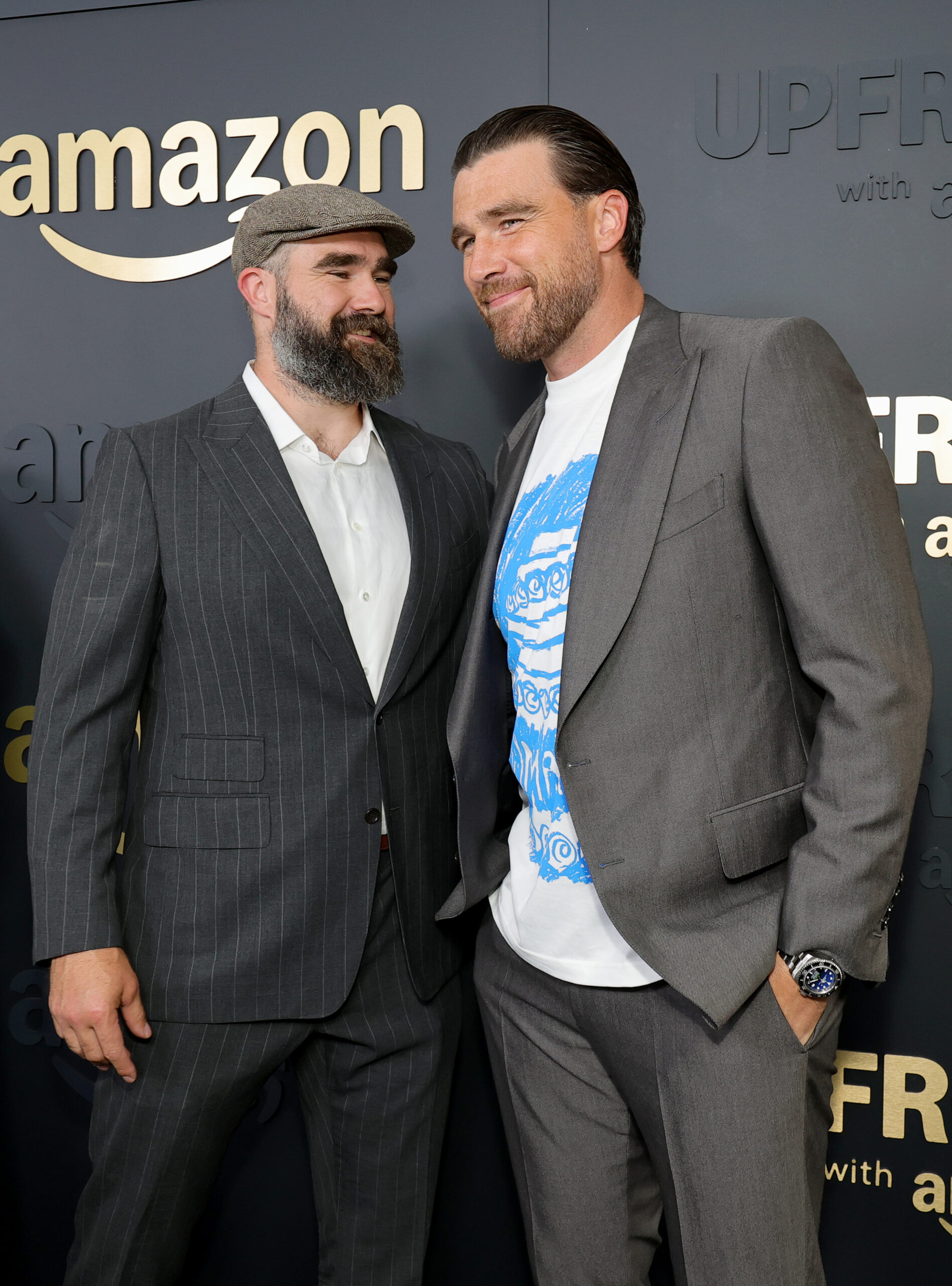 Jason Kelce and Travis Kelce are pictured together at Amazon's 2025 "Upfront" in New York City. Bloomberg reported that Jason served as his brother's best man during the wedding, while TMZ reported that Jason and Kylie Kelce's daughters were the ceremony's flower girls.