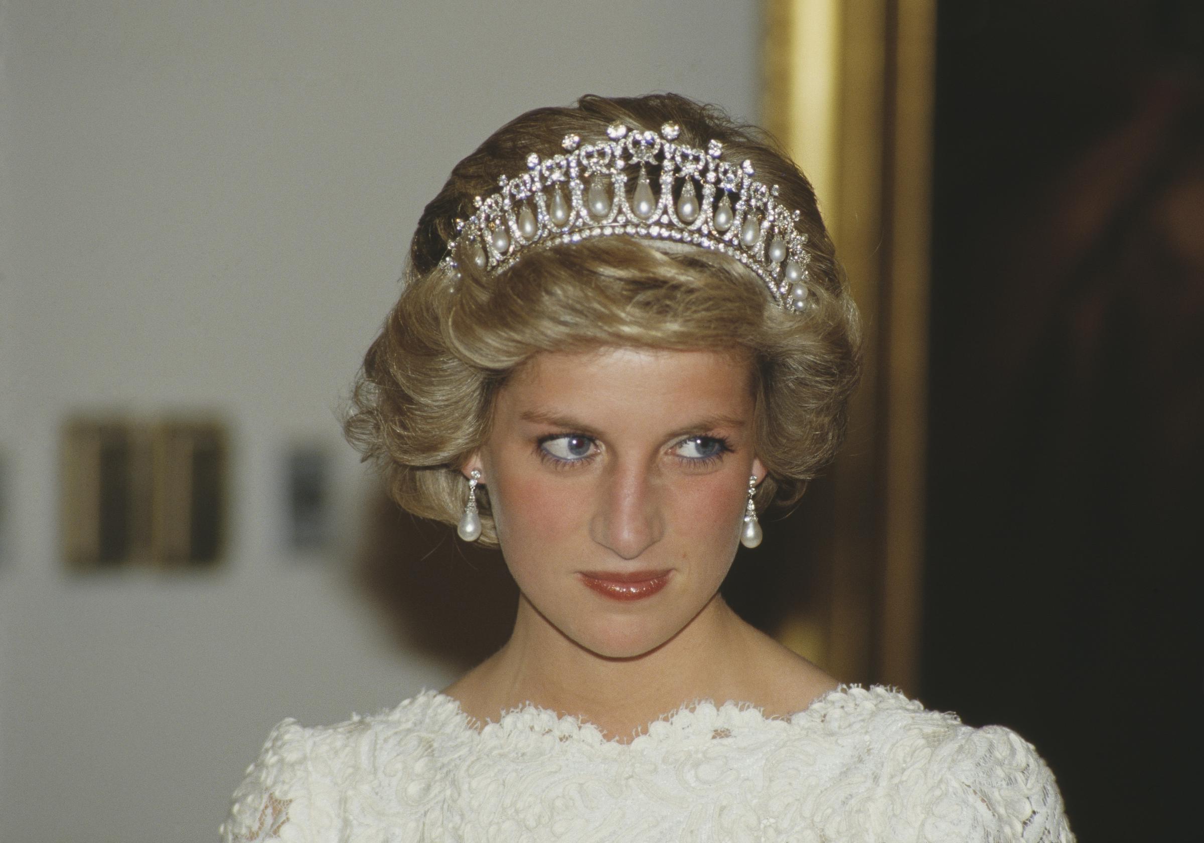 Diana, Princess of Wales, at a dinner at the British Embassy in Washington, D.C., in November 1985.