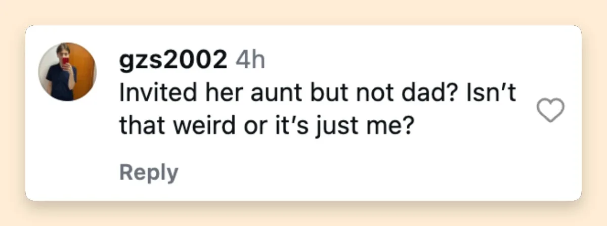 One Instagram user questioned Eric Roberts' absence after photos from Emma Roberts' wedding showed Julia Roberts attending the ceremony. The comment reflected some of the online discussion that followed the release of the wedding photos.