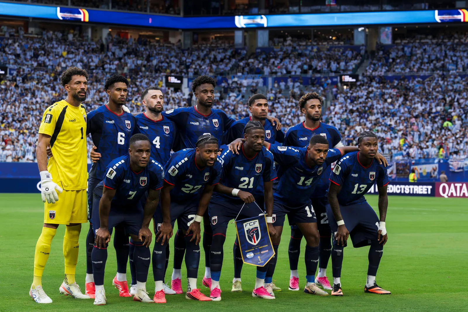 Vozinha and players of Cape Verde pose for a team photo prior to the FIFA World Cup 2026 Round of 32 match between Argentina and Cape Verde on July 3 in Miami Gardens, Florida.