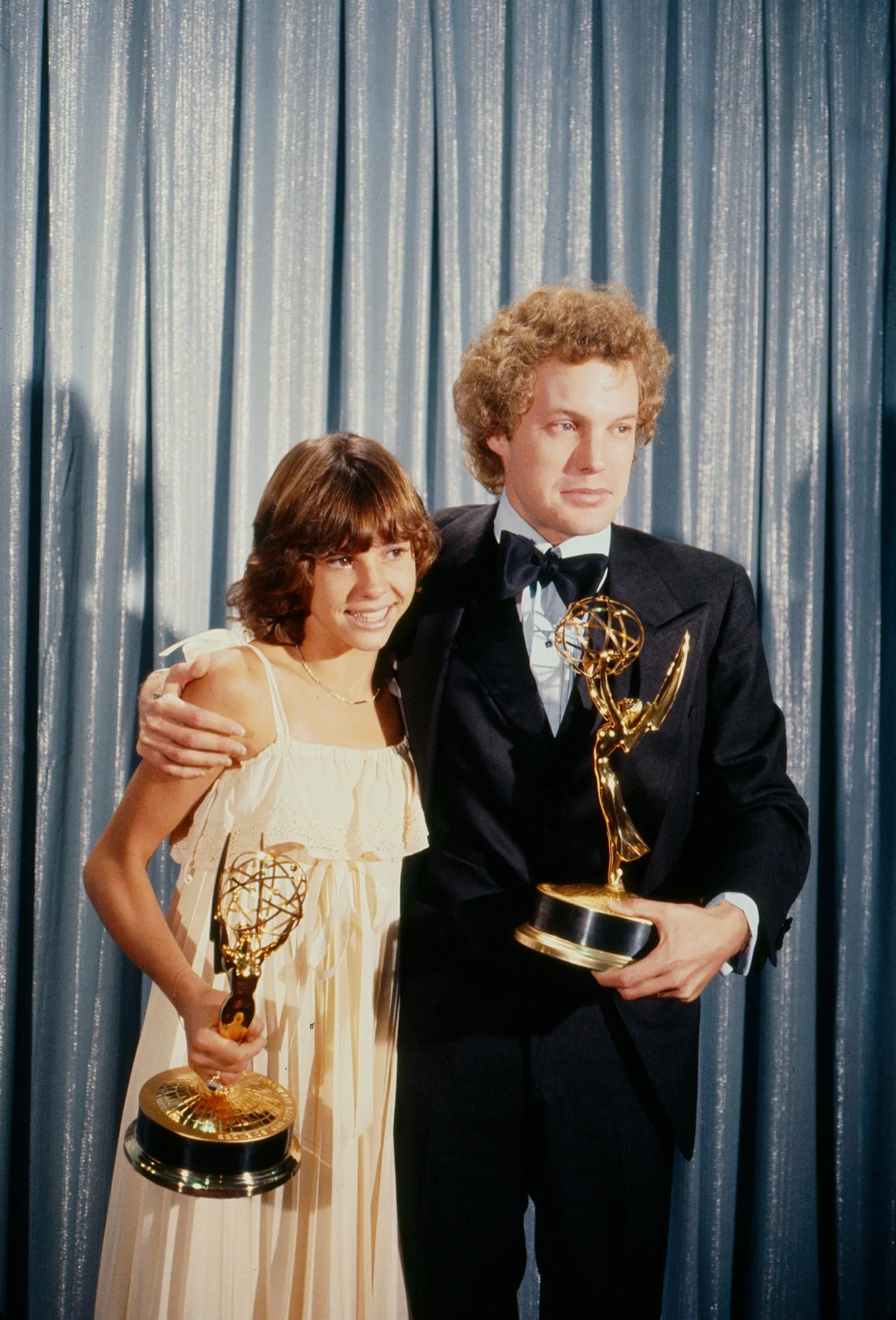 Kristy McNichol earned two Emmy Awards for her portrayal of Buddy Lawrence in "Family." In this photo, she posed with Gary Frank and their awards at the Primetime Emmy Awards at the Pasadena Civic Auditorium in Pasadena, California, in 1977.