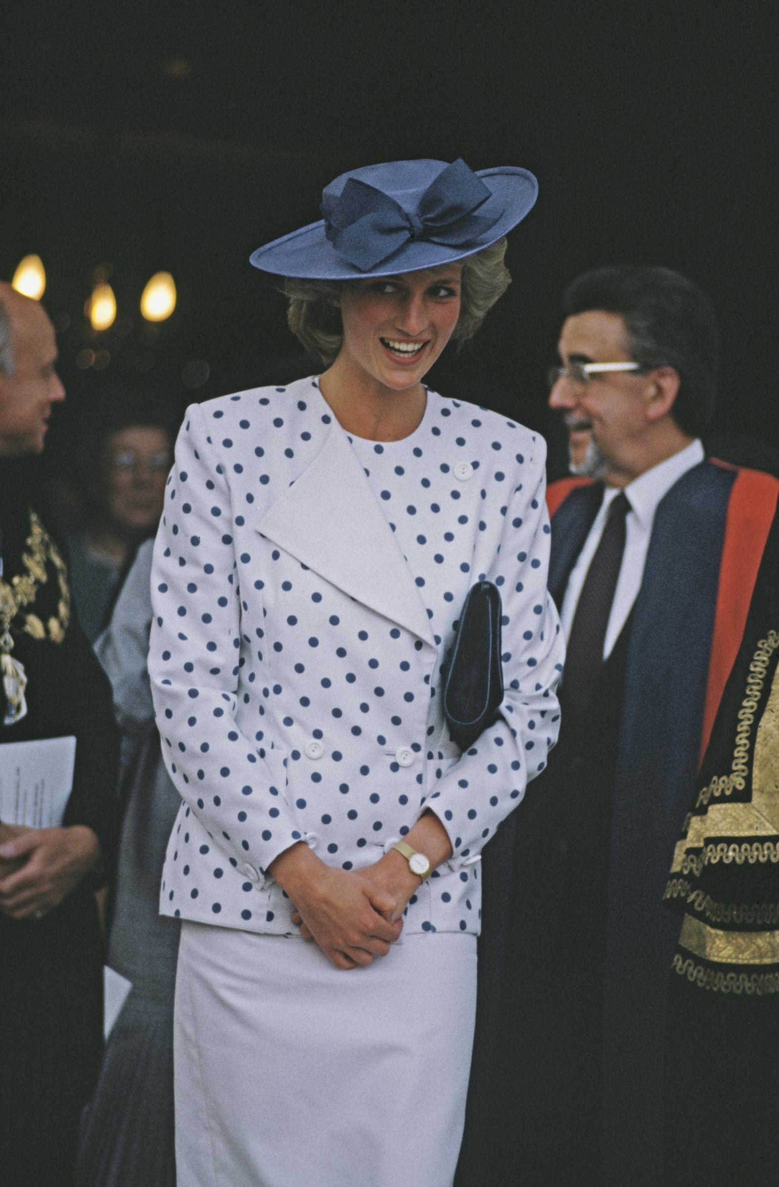 Diana, Princess of Wales, during a visit to the Royal College of Music in London, England, 1985.