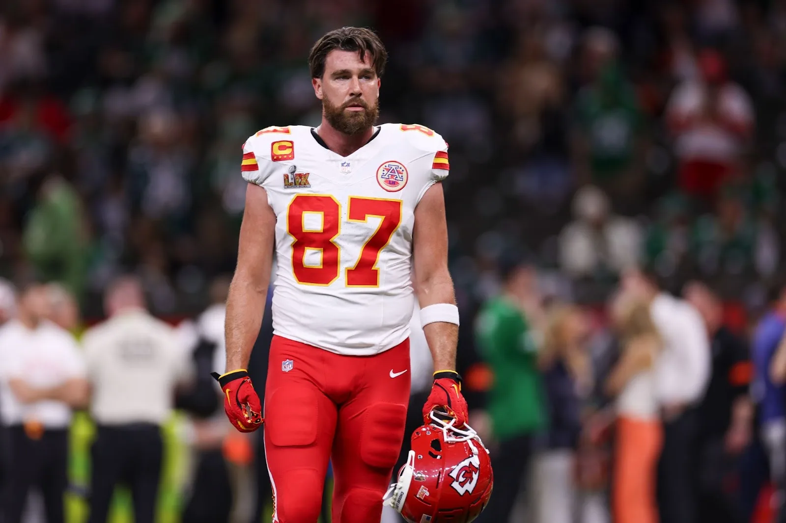 Travis Kelce warms up before Super Bowl LIX on February 9, 2025, in New Orleans, Louisiana