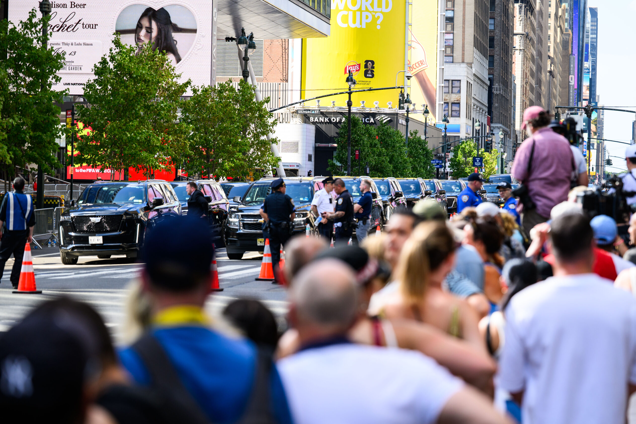 Vehicles arrive at Madison Square Garden as guests gather for Taylor Swift and Travis Kelce's wedding celebration in New York City on July 3, 2026. The event drew a star-studded guest list and featured tight security measures.