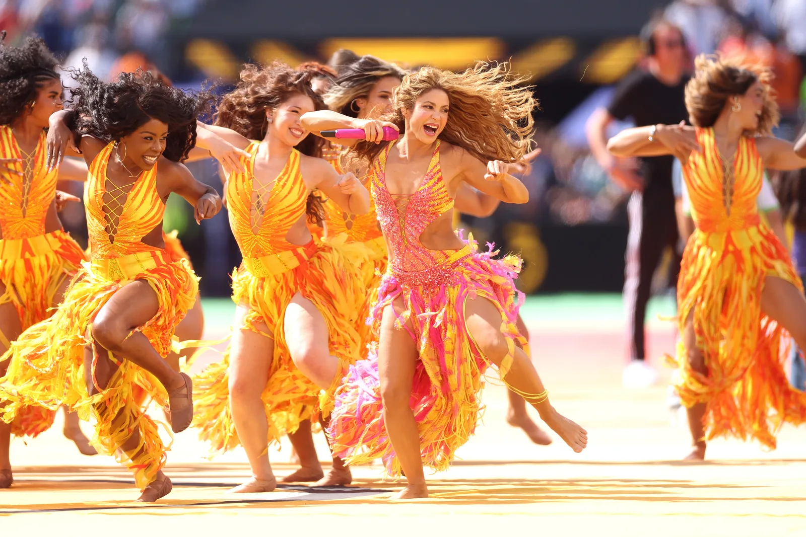 Shakira performs and dominates the Topps Final Halftime Show stage alongside Burna Boy, creating a historic moment as the first artists to headline a World Cup Final.