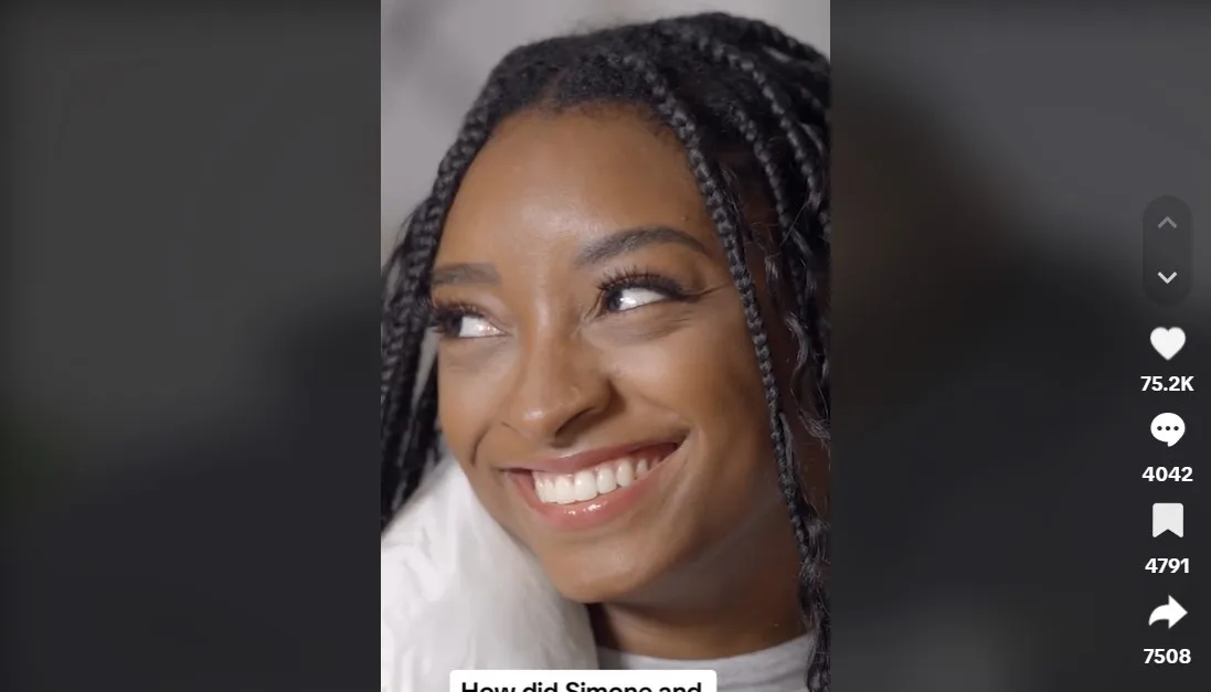 Simone Biles reacts as Jonathan Owens talks about how they met and fell in love on The Pivot Podcast on December 20, 2023