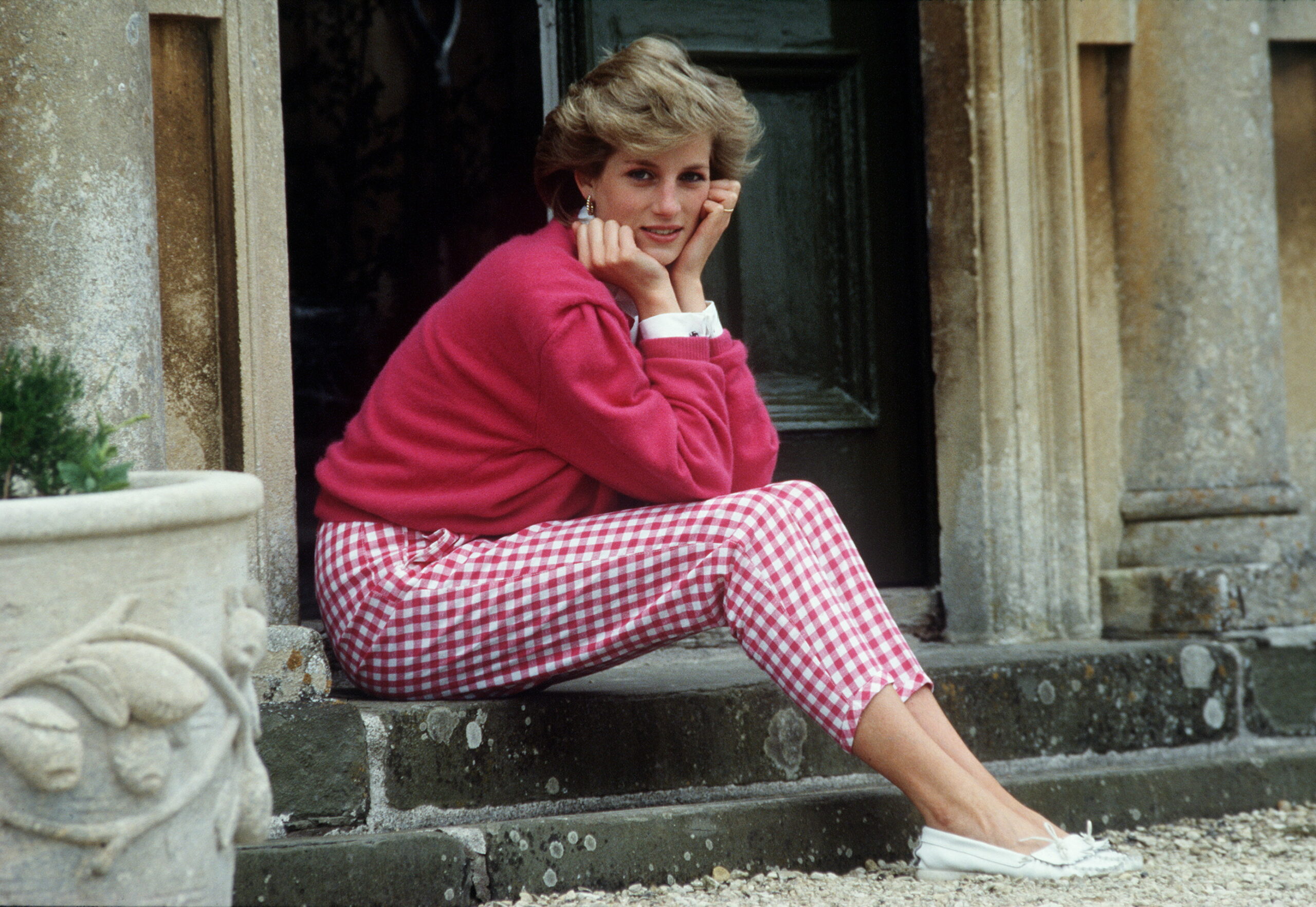 Diana, Princess of Wales, photographed on the steps of her home, Highgrove House, in Gloucestershire, England, on July 18, 1986.