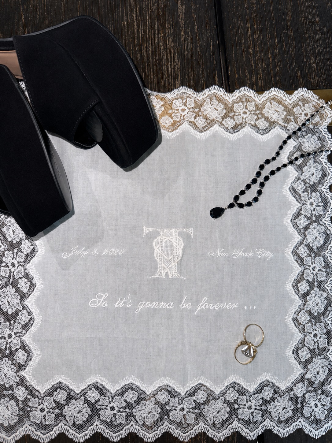 The lace-trimmed wedding favor offered another intimate glimpse into Taylor Swift and Travis Kelce's carefully personalized celebration. Its embroidered date, "New York City" detail, and "So it's gonna be forever…" message tied the keepsake directly to the couple's love story.