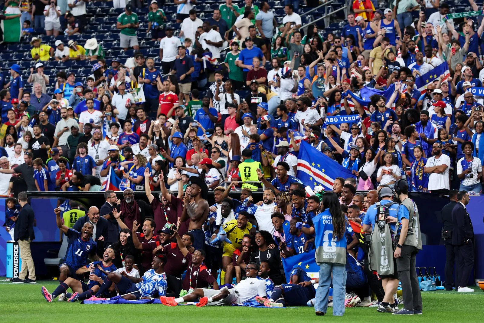 The Cape Verde national soccer team celebrates after the FIFA World Cup 2026 Group H match between Cape Verde and Saudi Arabia at Houston Stadium on June 26 in Texas.
