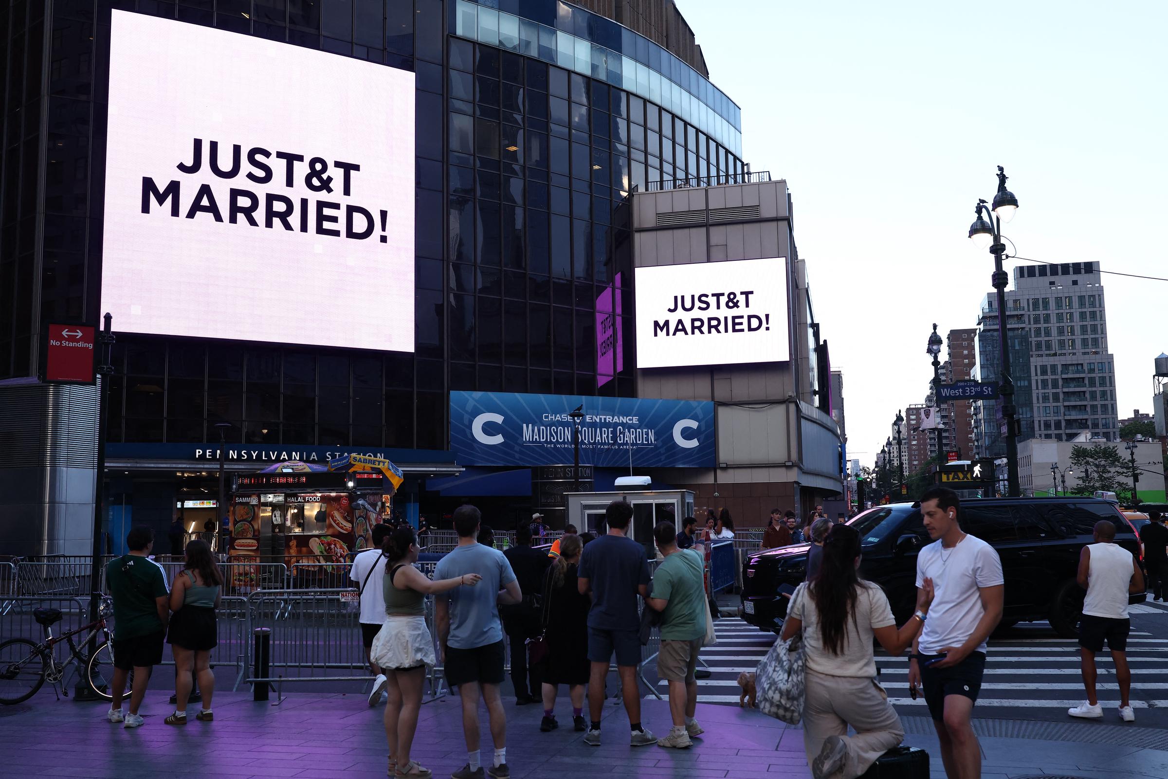 Madison Square Garden displayed "JUST&T MARRIED!" on its exterior screens after Taylor Swift and Travis Kelce's wedding ceremony. The private celebration was held inside the iconic New York venue.