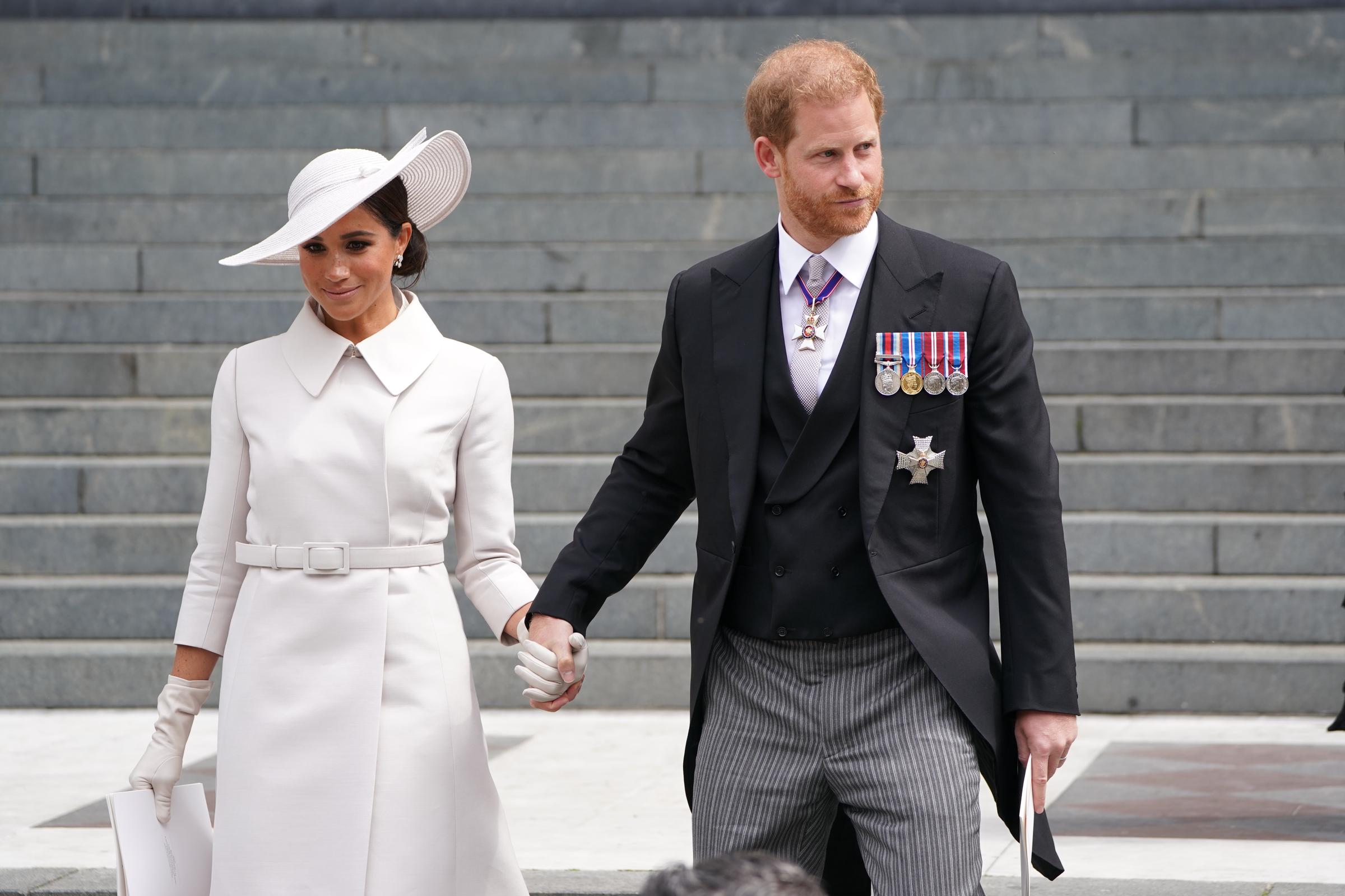 The Duke and Duchess of Sussex didn't join the rest of the royal family on the balcony for the main flypast during the festivities. In this photo, they were seen leaving after the National Service of Thanksgiving to Celebrate the Platinum Jubilee of Her Majesty The Queen at St Paul's Cathedral on June 3, 2022, in London, England.