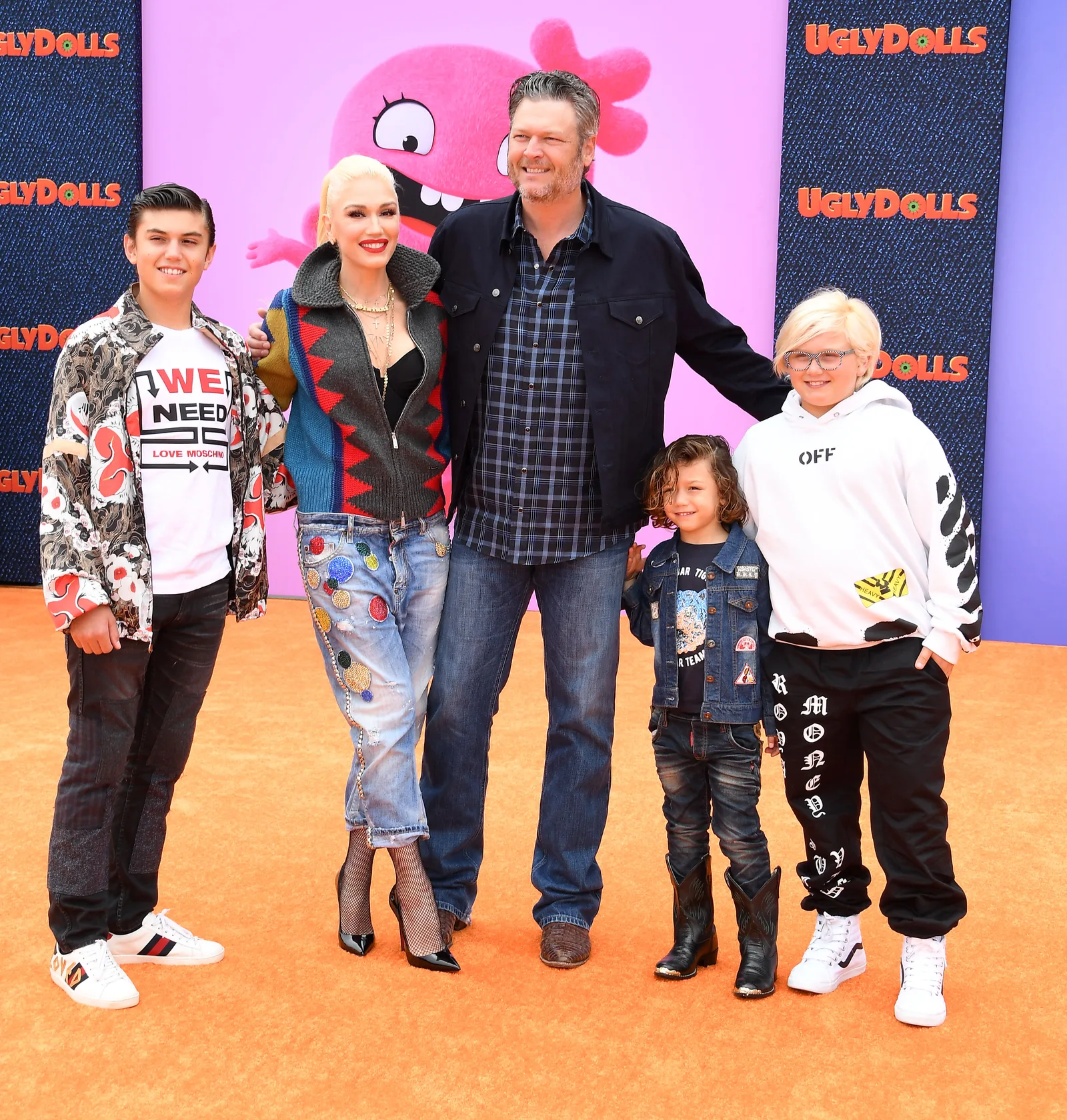 Gwen Stefani and Blake Shelton enjoyed a fun-filled family outing with Kingston Rossdale, Apollo Bowie Flynn Rossdale, and Zuma Nesta Rock Rossdale as they attended the STX Films World Premiere of "UglyDolls" at Regal Cinemas L.A. Live on April 27, 2019, in Los Angeles, California.
