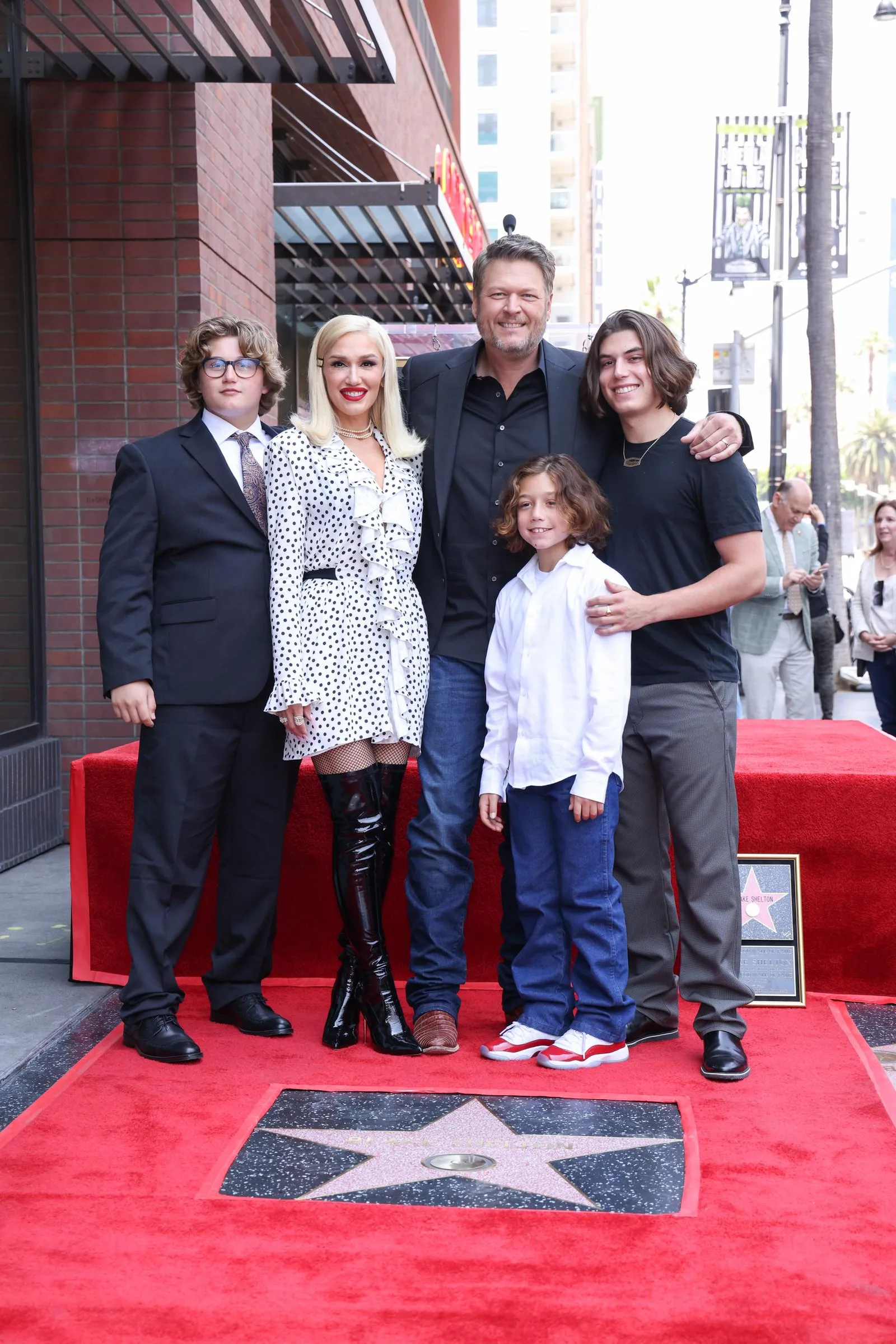 Gwen Stefani, Blake Shelton, Zuma Rossdale, and Apollo Rossdale proudly celebrated a major career milestone as a family. At this event, they attended the ceremony honoring Shelton with a star on the Hollywood Walk of Fame on May 12, 2023, in Los Angeles, California.