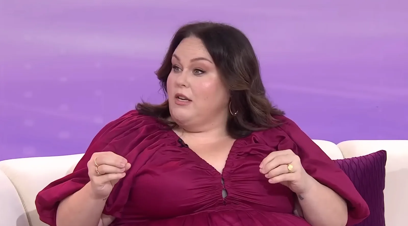 Metz appeared in a deep burgundy top during her interview on "TODAY with Jenna & Sheinelle." The close-up shows her during the same period she was speaking publicly about her GLP-1 treatment, reduced "food noise," and improved mobility.
