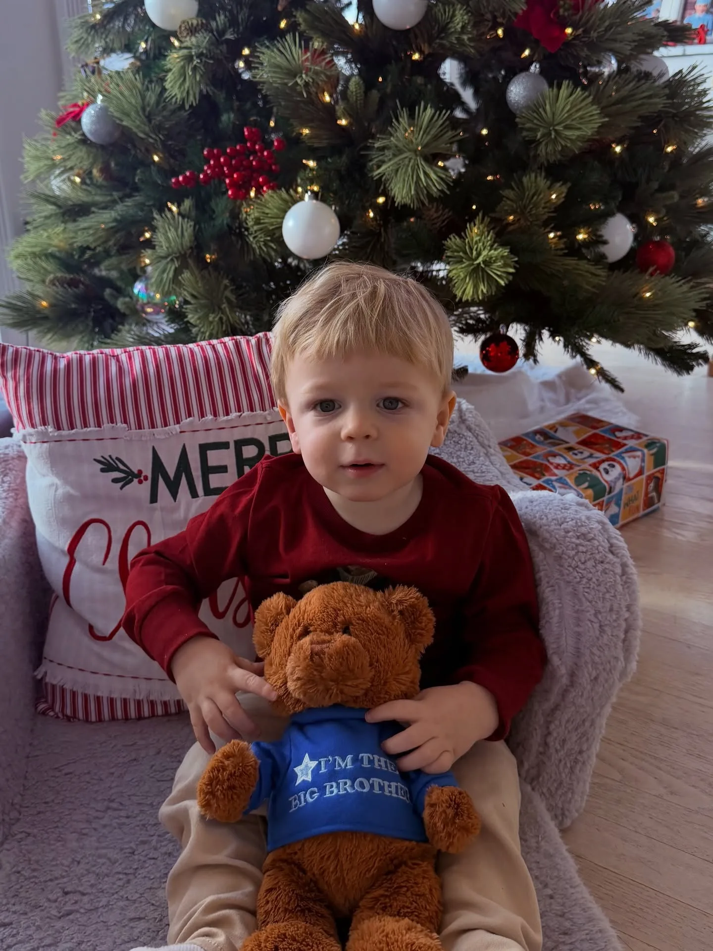 Niko's teddy bear delivered the message this time: "I'M A BIG BROTHER." With wrapped presents and holiday pillows in the background, the image is one of the warmest glimpses inside the family's Washington Christmas.
