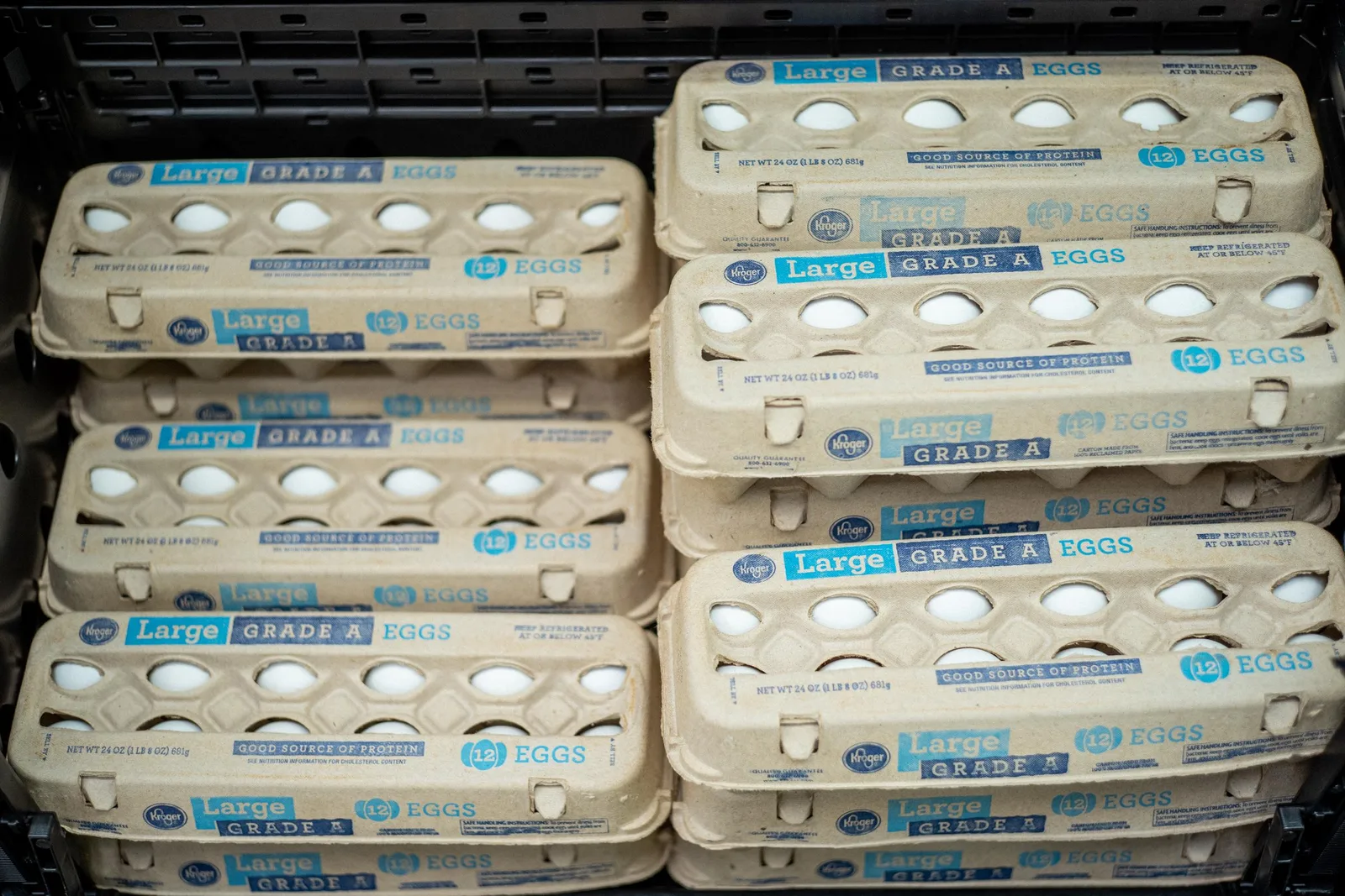 Egg cartons are displayed at a grocery store in an illustrative image. Health officials say consumers should check plant codes, Julian dates, and best-by dates to determine whether their eggs are part of the recall.